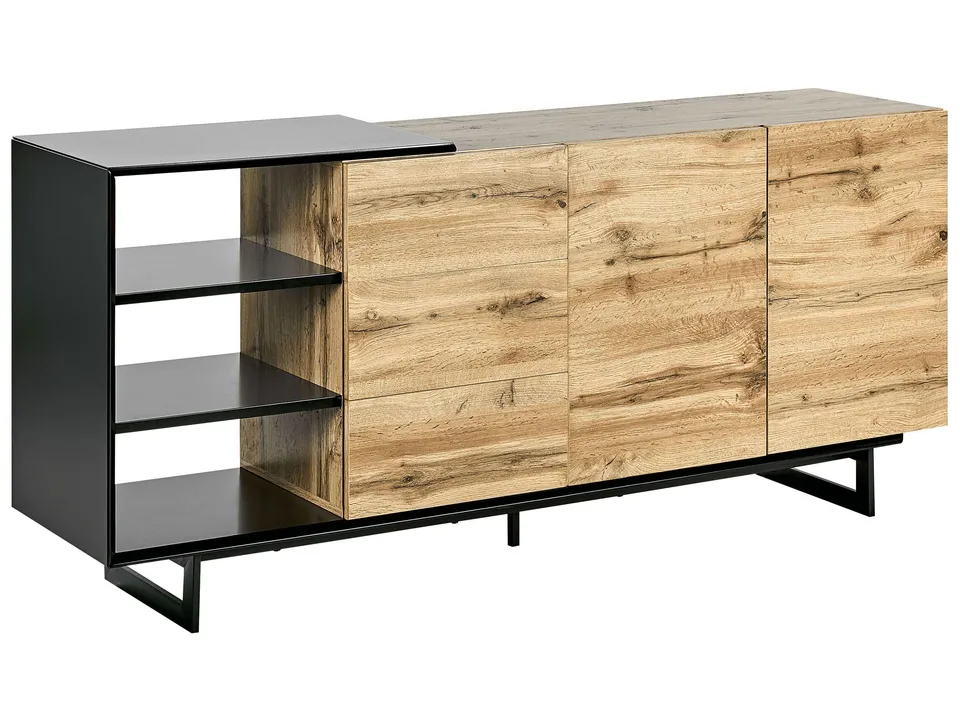 beliani-fiora-sideboard-holz-hell-schwarz-160cm-mit-schubladen image 1