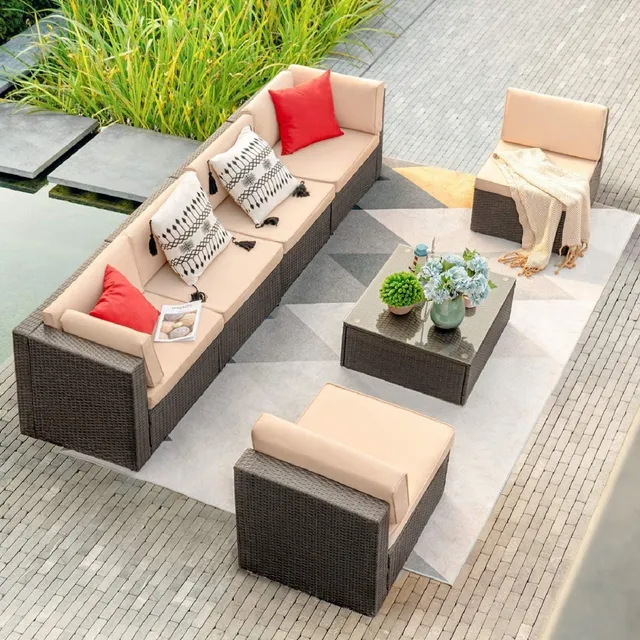 homall-patio-lounge-set-rattan-7-teilig-beige-mit-tisch image 1