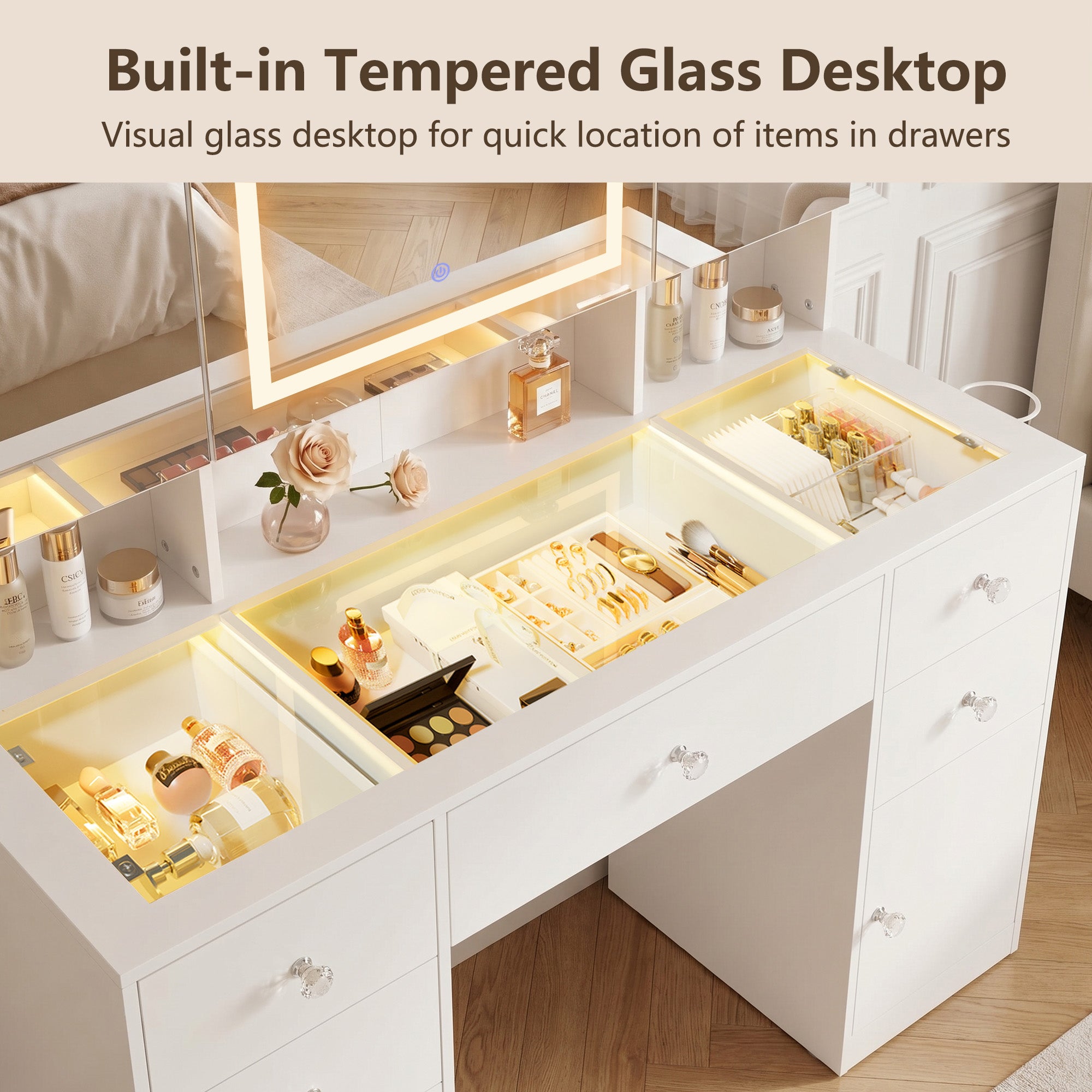 homall-bedroom-schminktisch-mit-led-spiegel-schwarz-glasplatte image 5