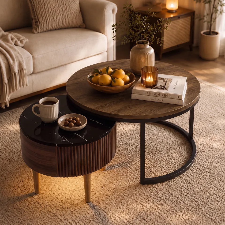 homall-coffee-table-couchtisch-set-2-tlg-walnuss-led image 1