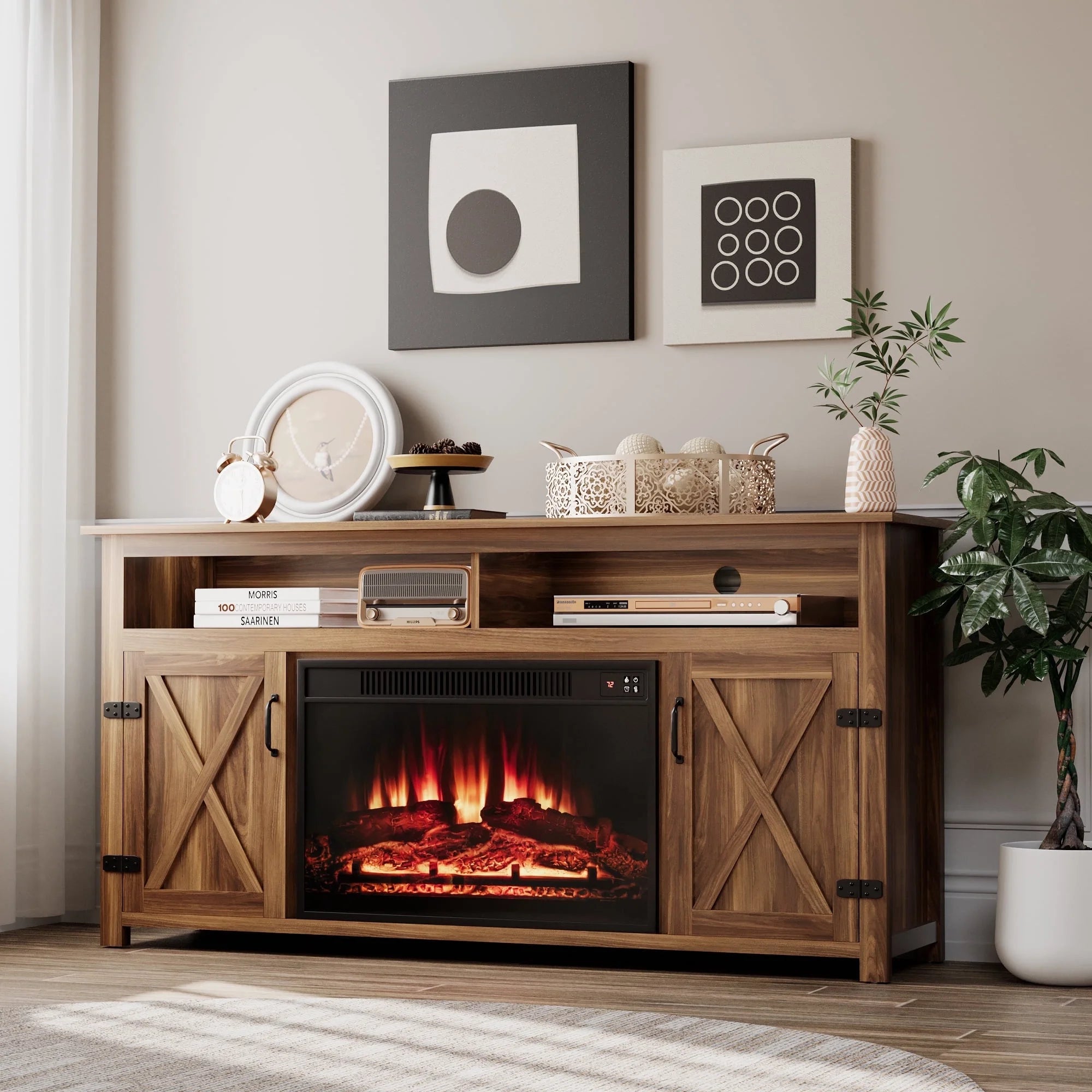 homall-tv-stand-65-zoll-kamin-lowboard-dunkelbraun-holz image 1