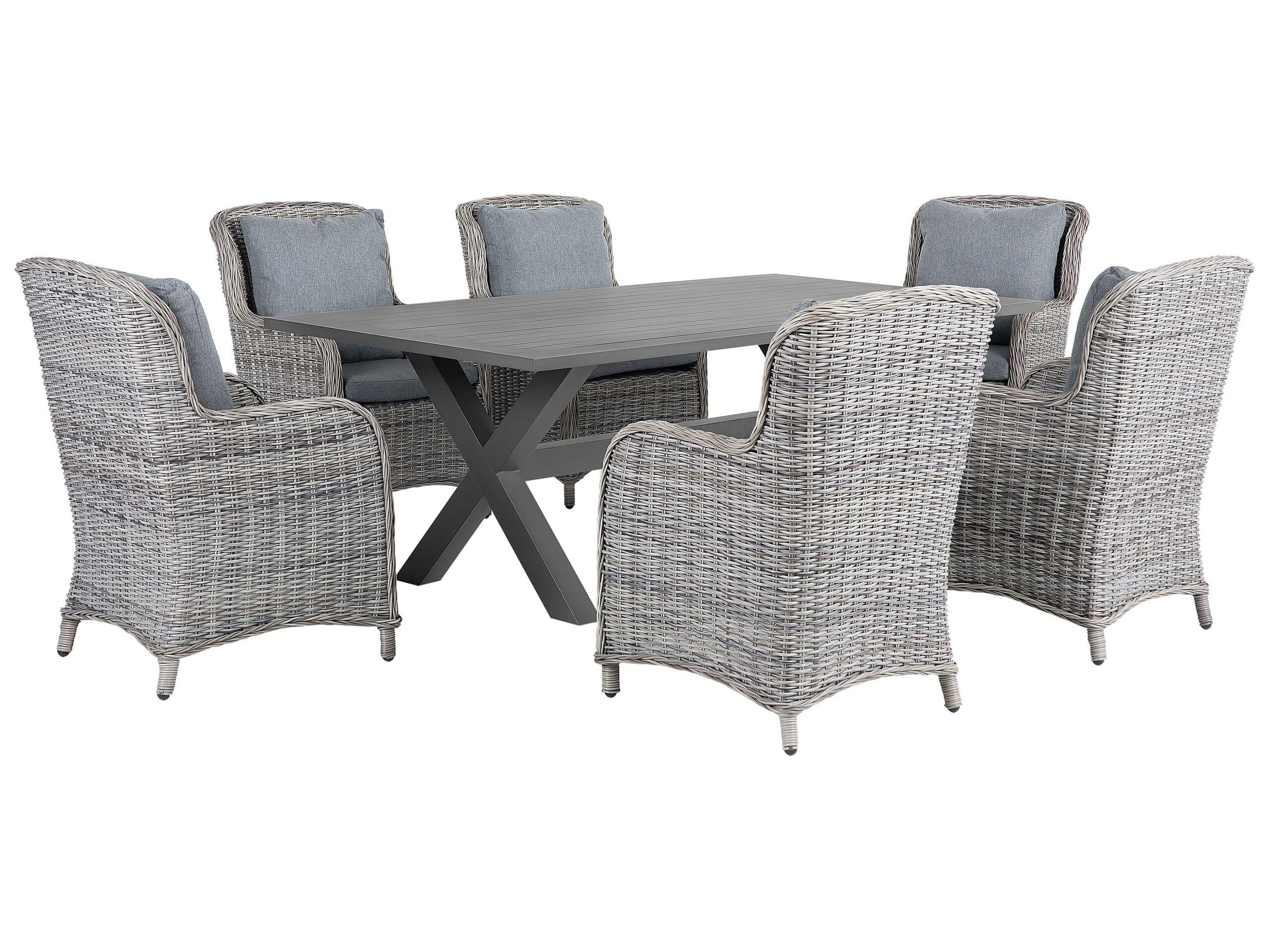 beliani-cascais-gartenset-rattan-grau-6-sessel-200cm-tisch image 1