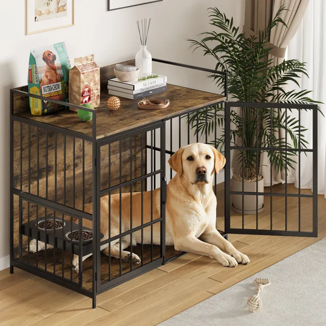 homall-hundebox-gro-metall-holz-braun-als-m-bel image 1