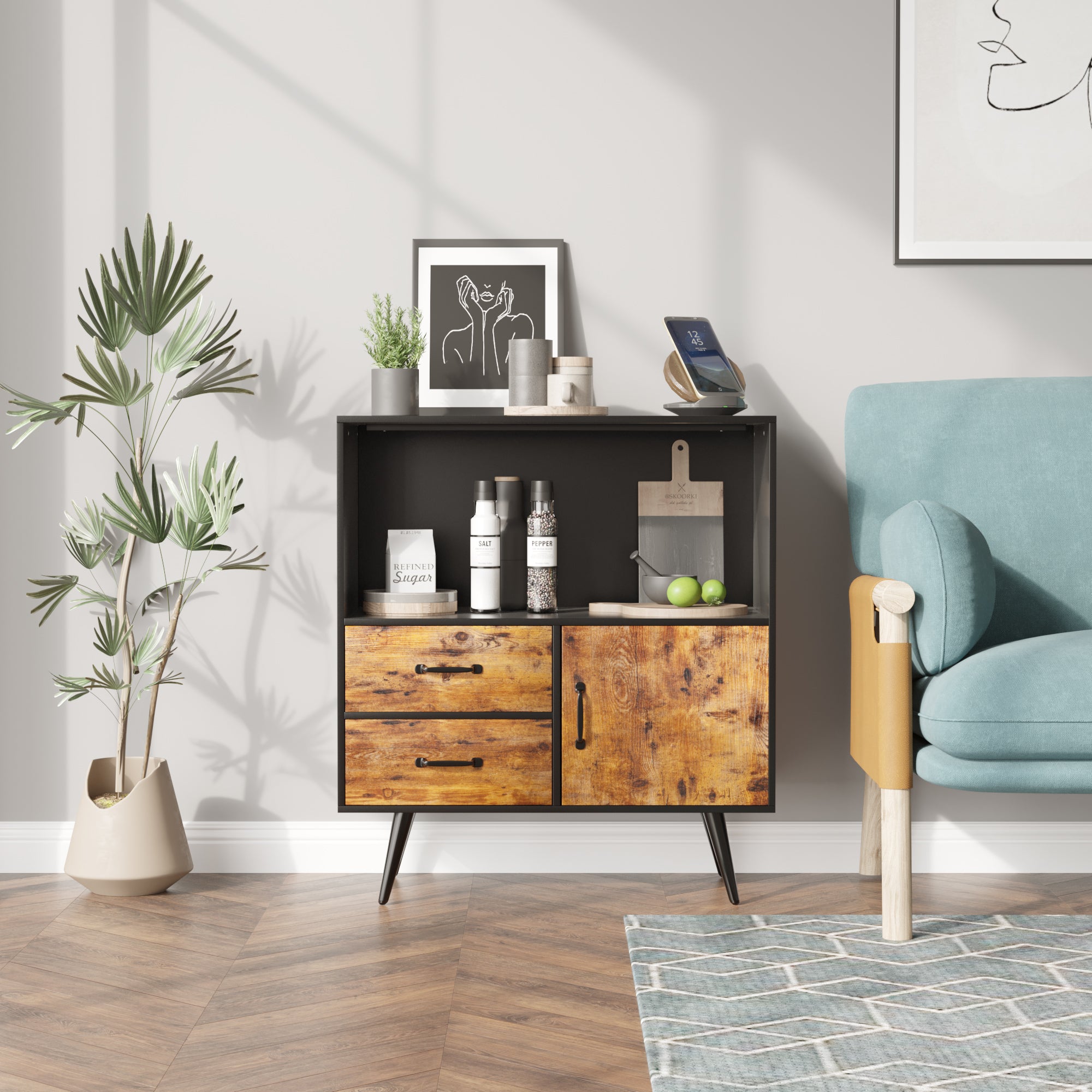 homall-shelf-sideboard-holz-mit-schubladen-und-t-r-mid-century image 3