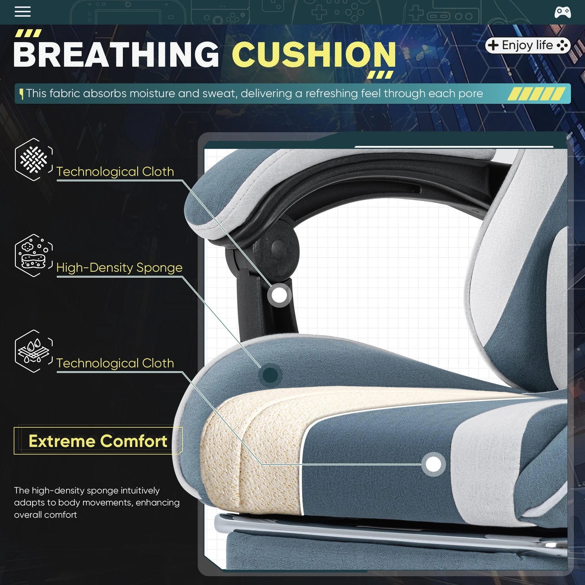 homall-gaming-chair-gaming-stuhl-stoff-gr-n-mit-fu-st-tze image 7