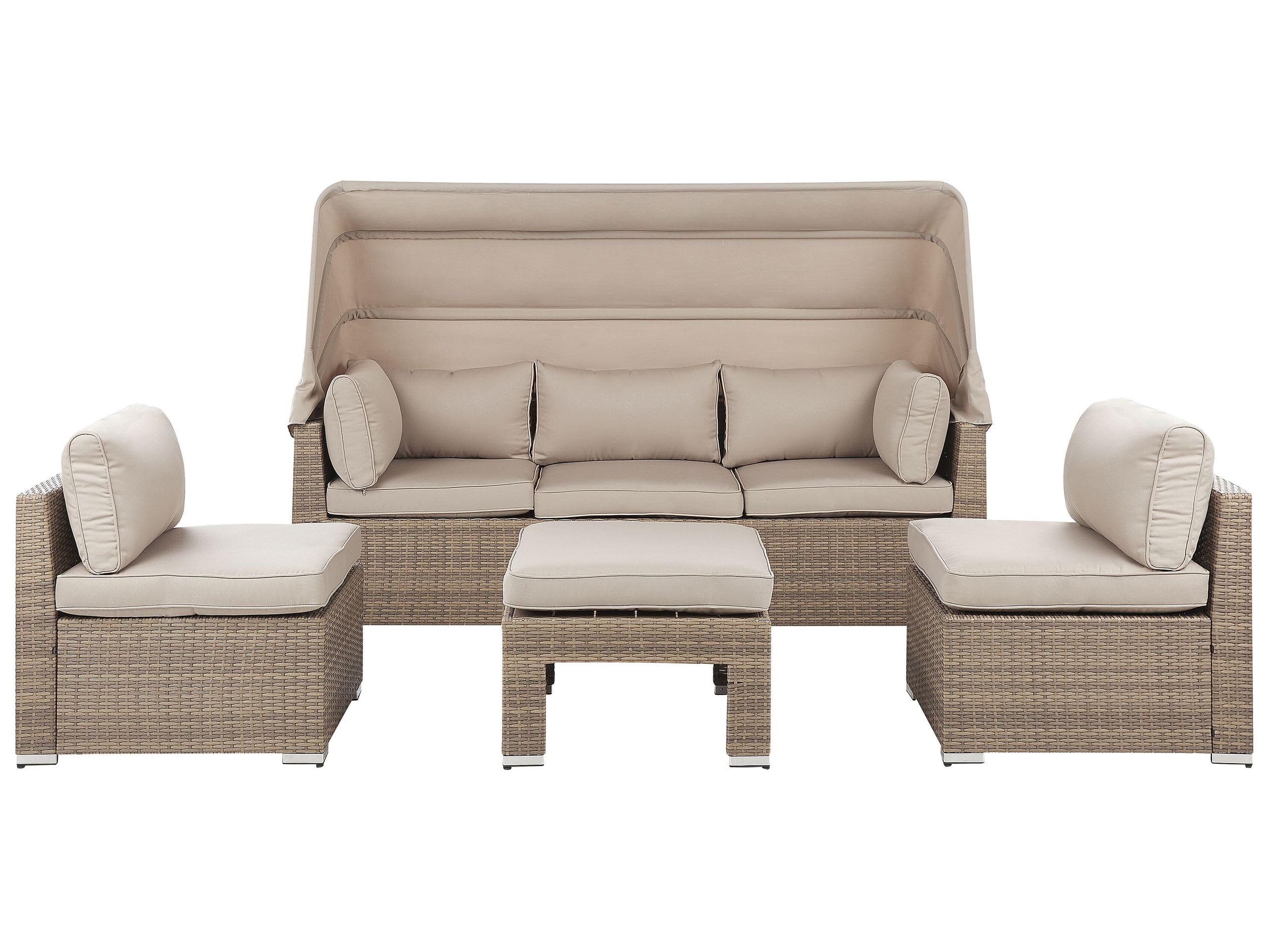 beliani-coccolia-loungeset-polyrattan-beige-5-teilig-mit-dach image 1