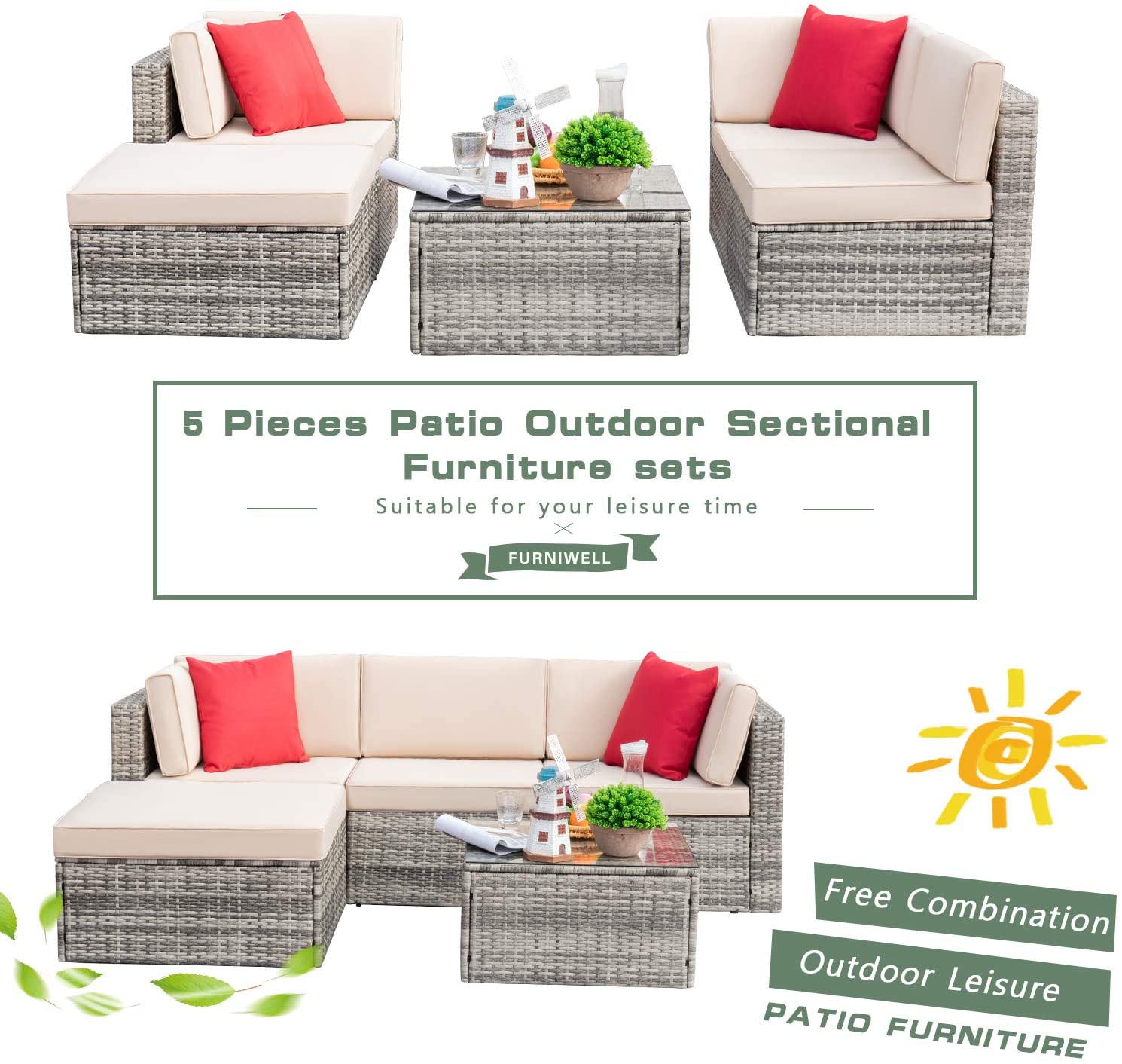 homall-patio-furniture-lounge-set-5-tlg-rattan-grau-ottoman image 3