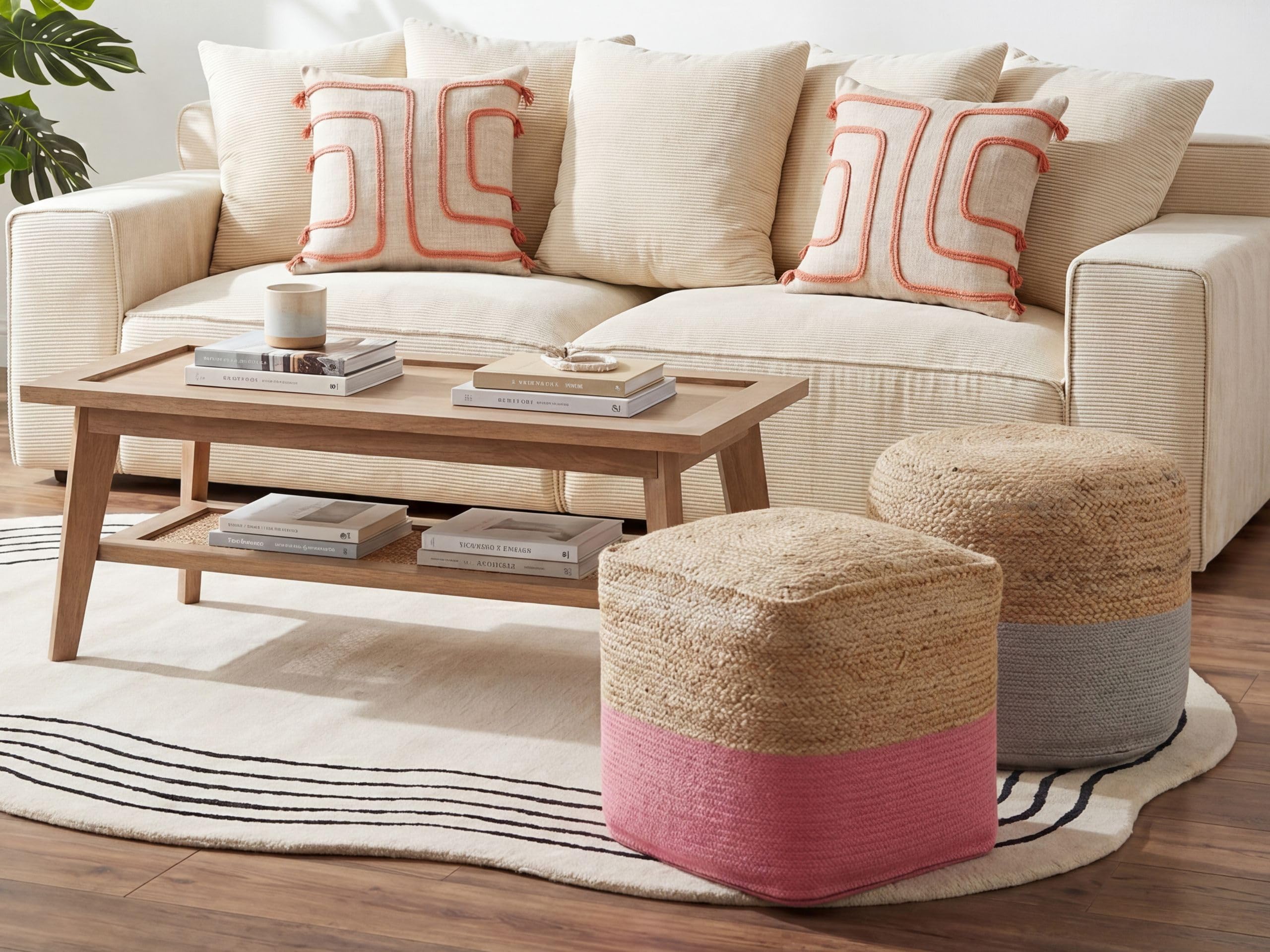 beliani-kirama-pouf-baumwolle-jute-beige-rosa-eckig image 2