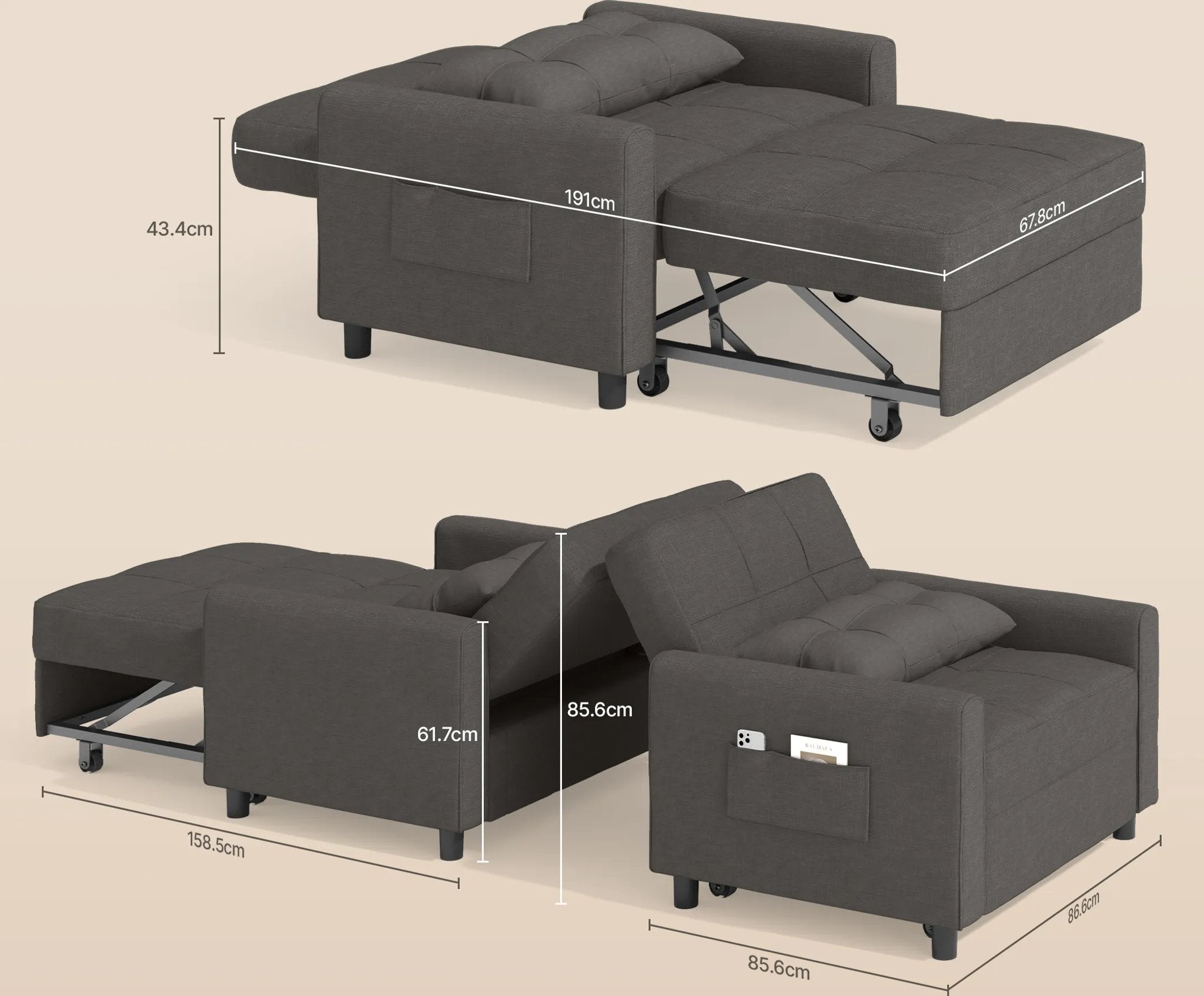 bealife-ar22-schlafsofa-dunkelgrau-191-cm-3-in-1-mit-rollen image 3