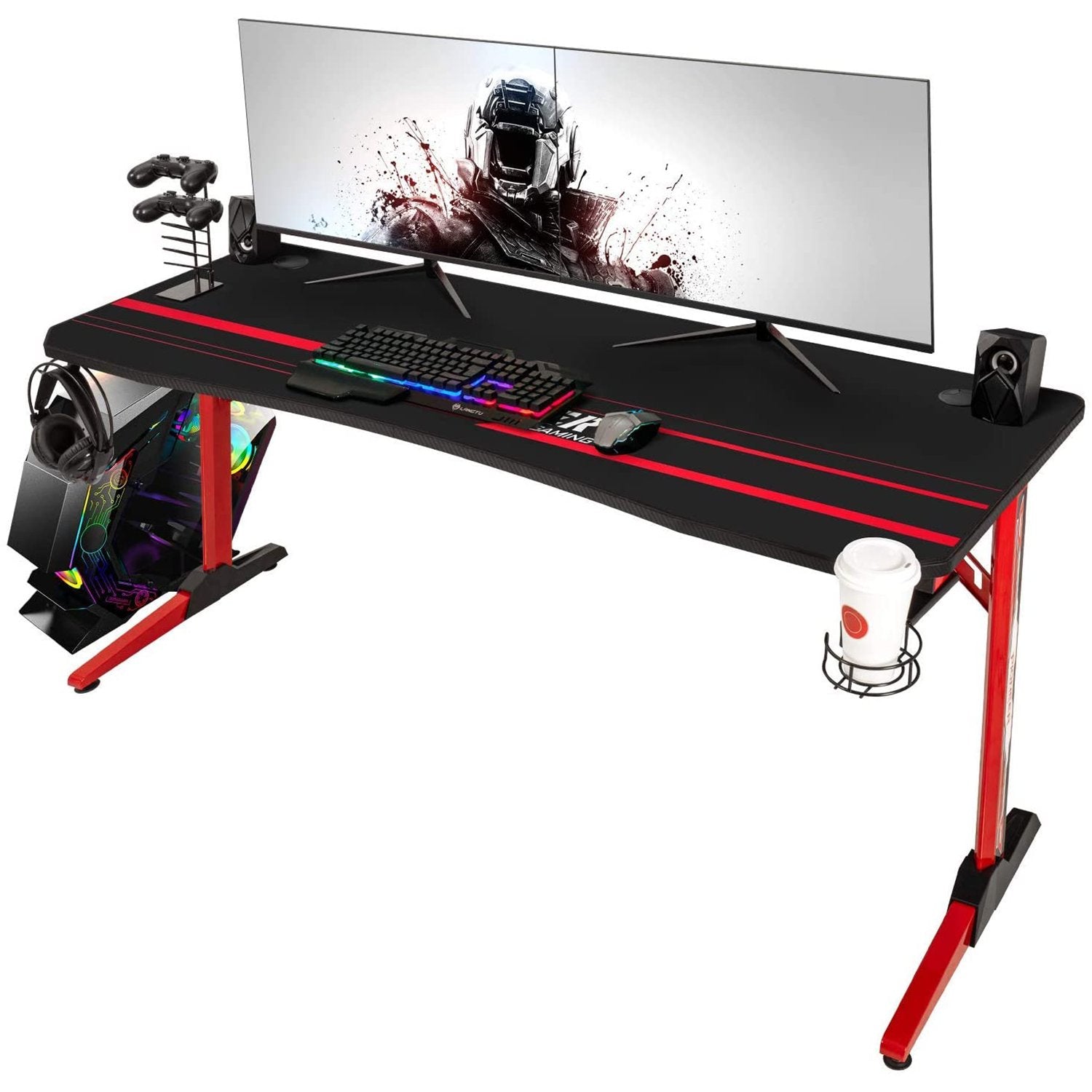 homall-gaming-desk-schreibtisch-schwarz-140-cm-t-form image 1