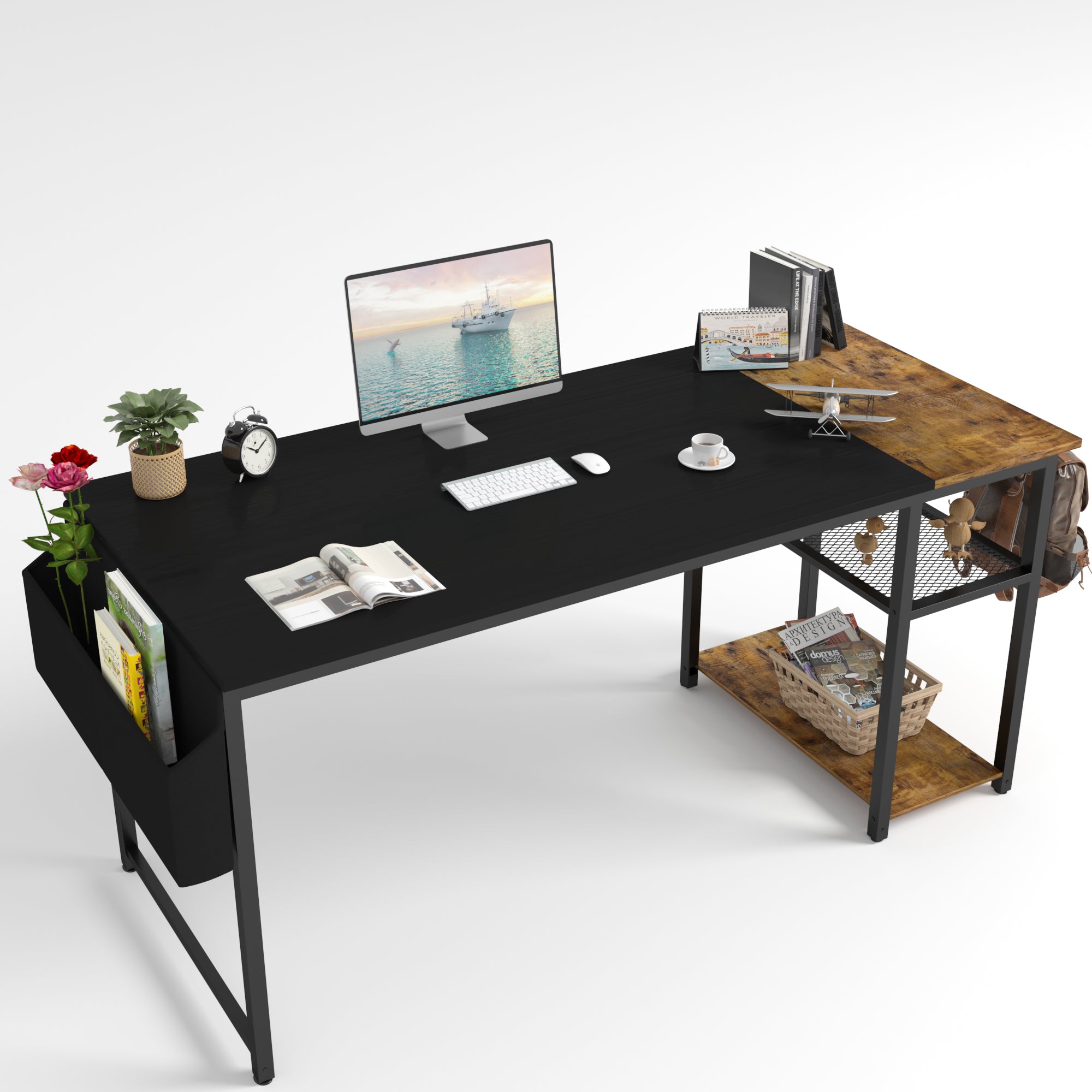 homall-shelf-schreibtisch-mit-regal-120-cm-schwarz-braun image 1