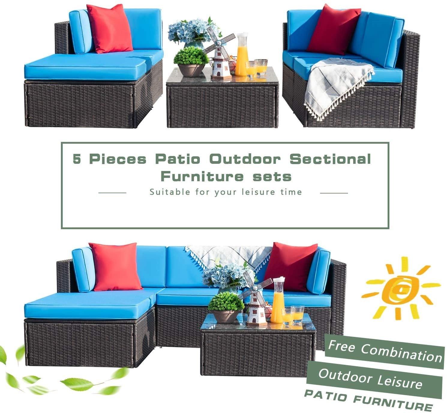 homall-patio-furniture-lounge-set-5-tlg-gartenm-bel-blau-rattan image 5