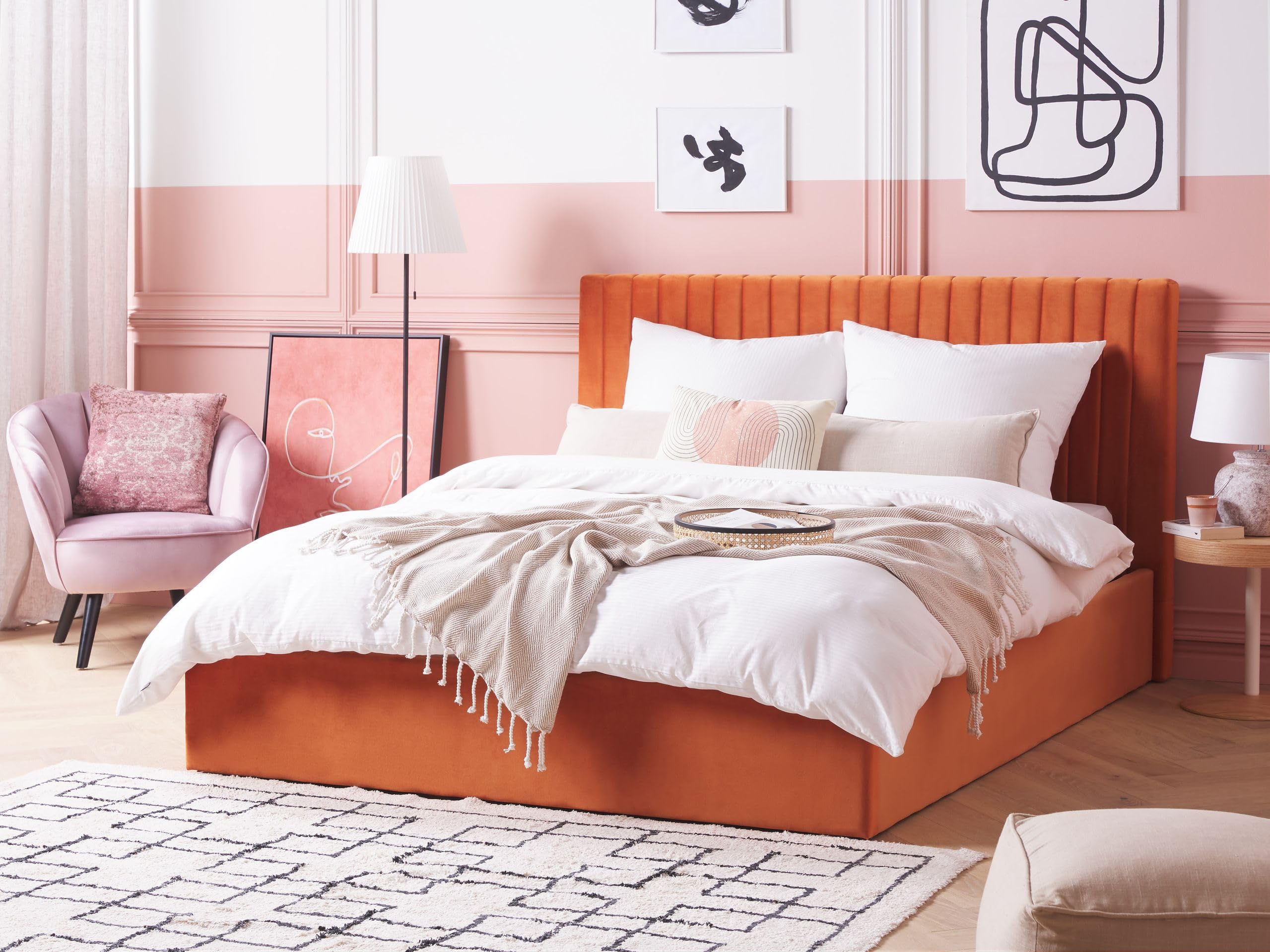 beliani-vion-polsterbett-samt-orange-160x200-mit-stauraum image 2