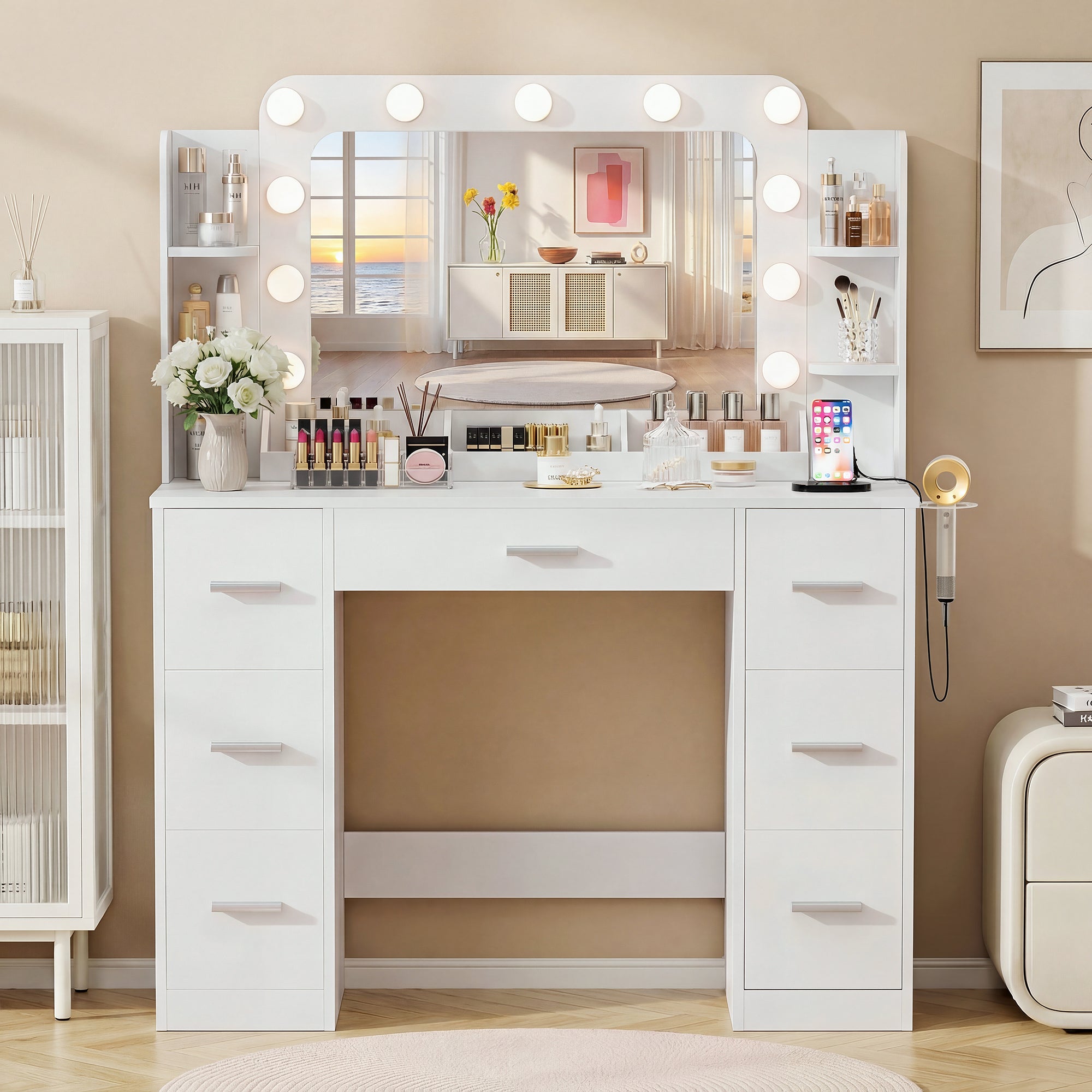 homall-bedroom-schminktisch-wei-mit-spiegel-led-steckdose image 4