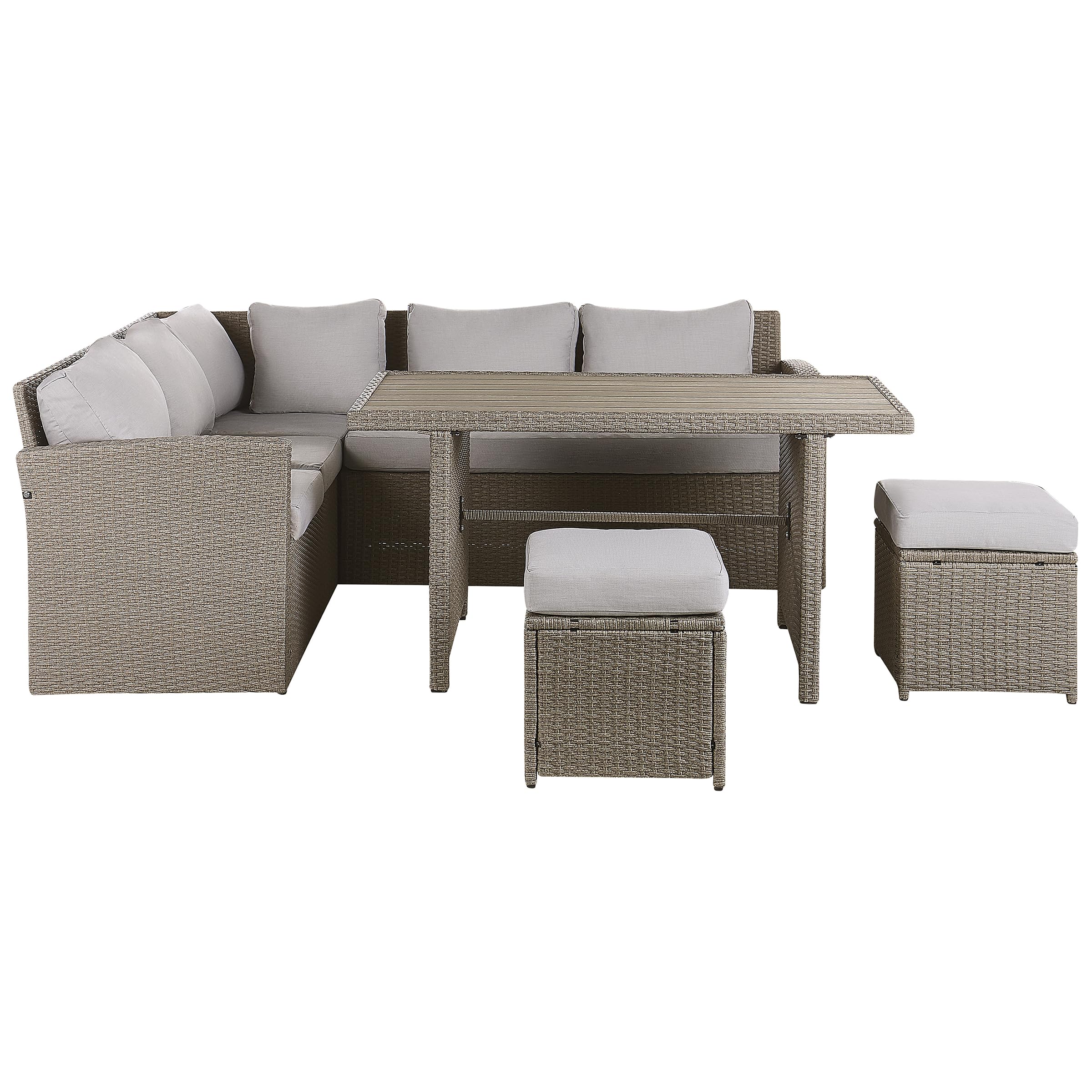 beliani-bardi-lounge-set-5-sitzer-taupe-polyrattan-graue-kissen image 4