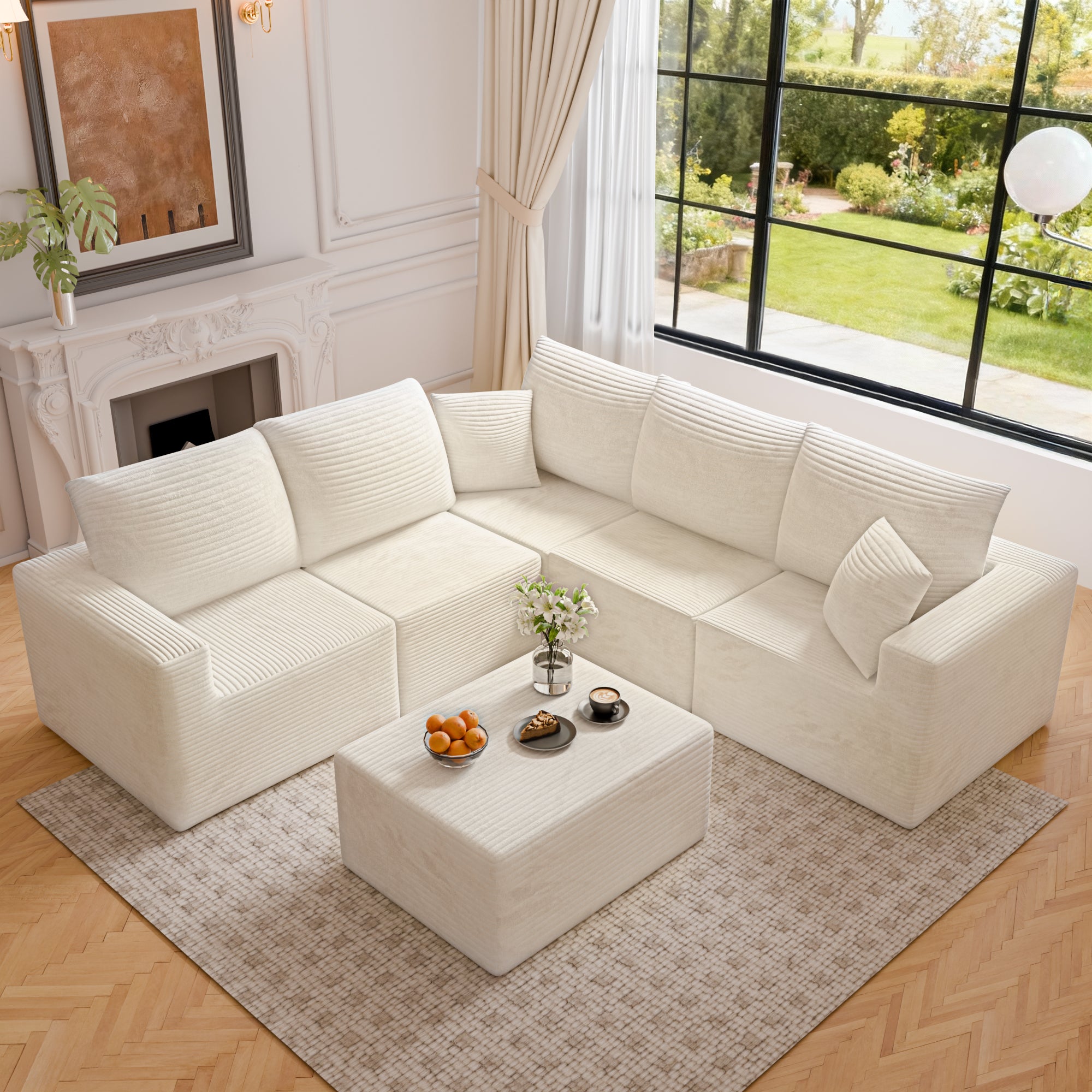 homall-sofa-ecksofa-cord-beige-modular-tiefer-sitz image 3