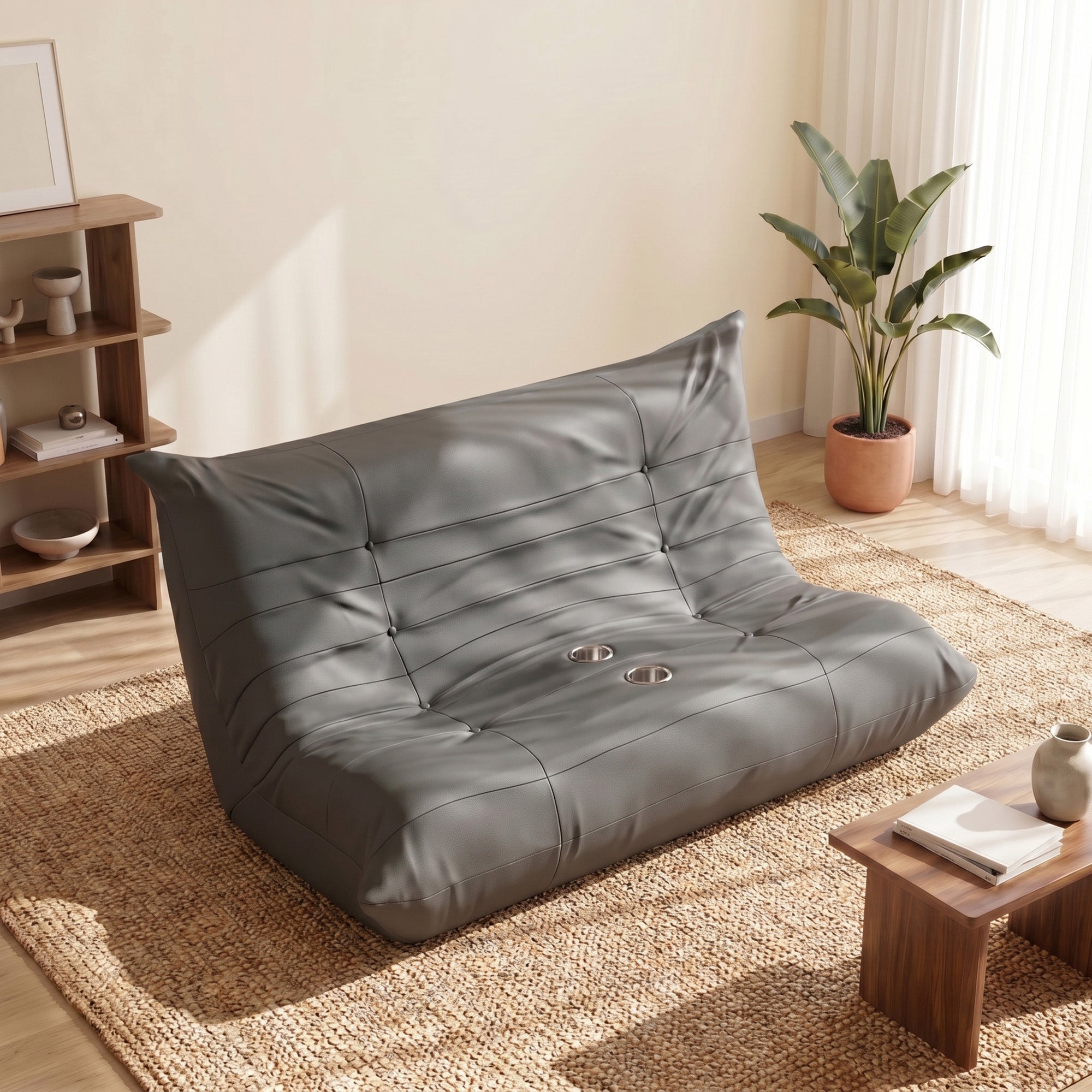 homall-bodensofa-schwarz-2-sitzer-kunstleder-getr-nkehalter image 2