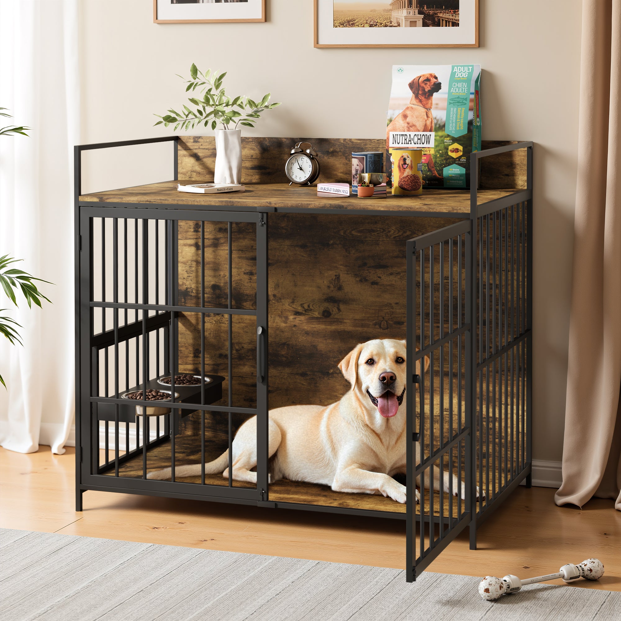 homall-hundebox-gro-metall-holz-braun-als-m-bel image 3
