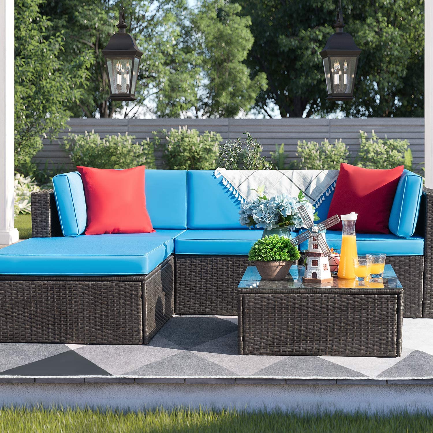 homall-patio-furniture-lounge-set-5-tlg-gartenm-bel-blau-rattan image 2