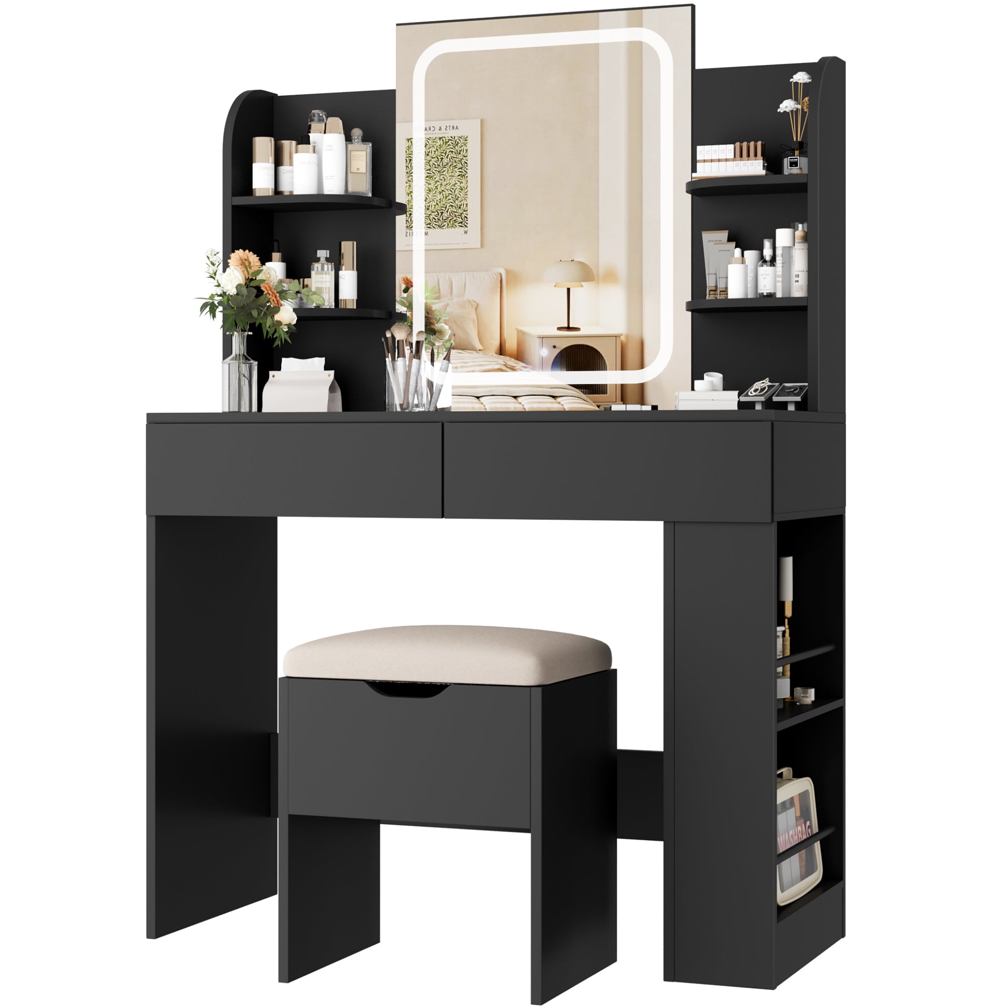 homall-bedroom-schminktisch-wei-mit-led-spiegel-mit-stuhl image 2