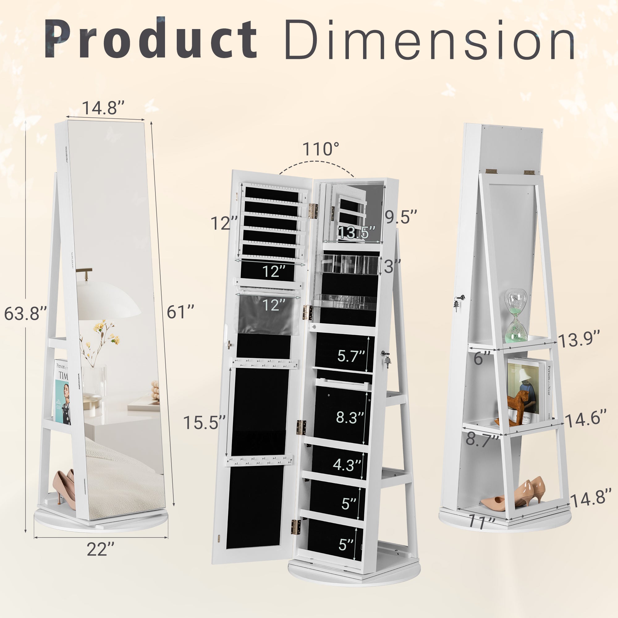 homall-shelf-schmuckschrank-weiss-drehbar-spiegel-led-abschlie-bar image 2