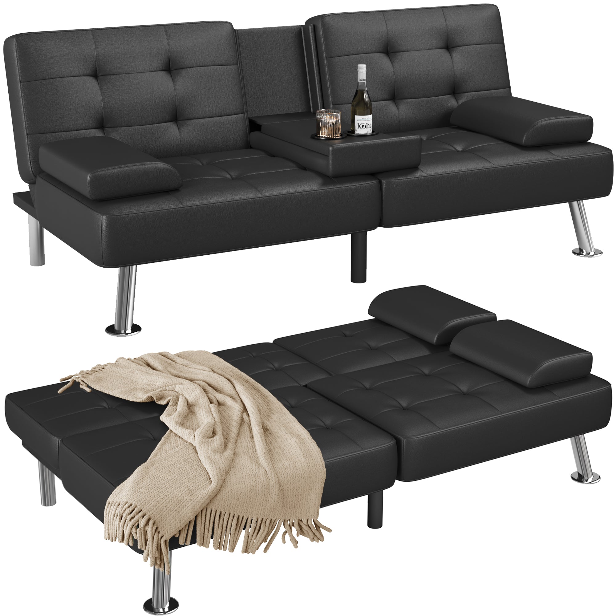 homall-recliner-schlafsofa-kunstleder-schwarz-mit-becherhalter image 5