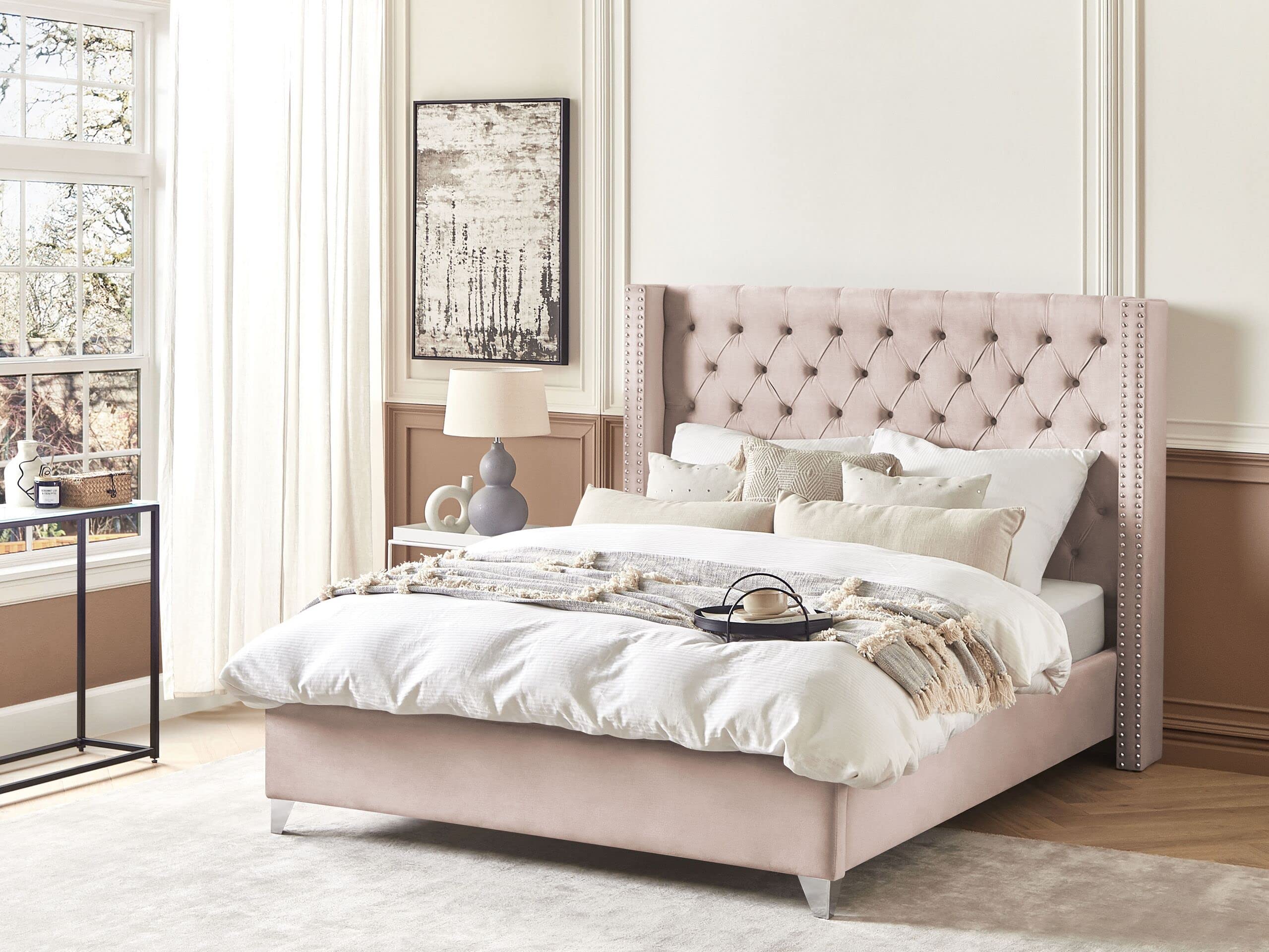 beliani-lubbon-samtbett-160x200-rosa-chesterfield image 2