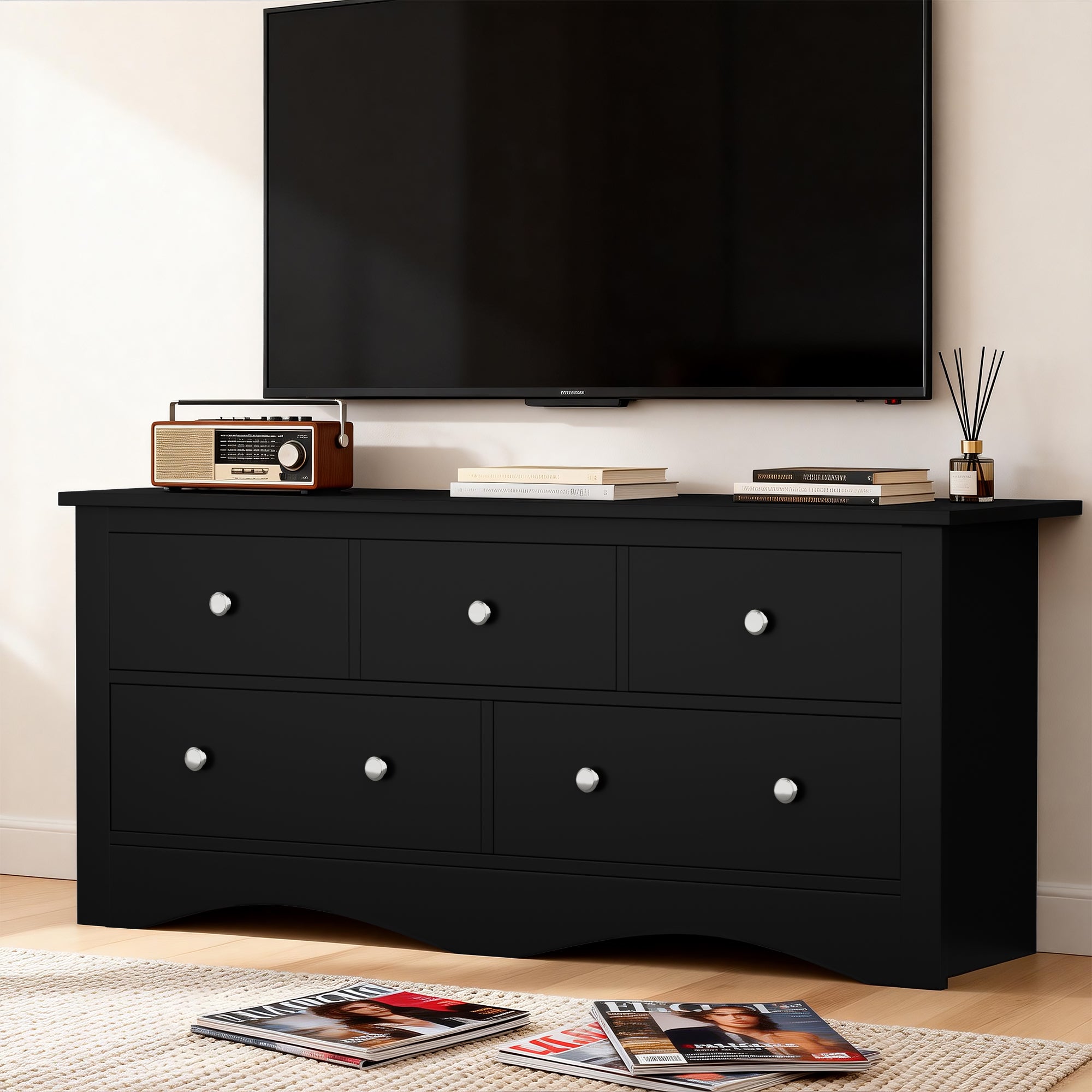homall-bedroom-kommode-holz-schwarz-5-schubladen-modern image 4