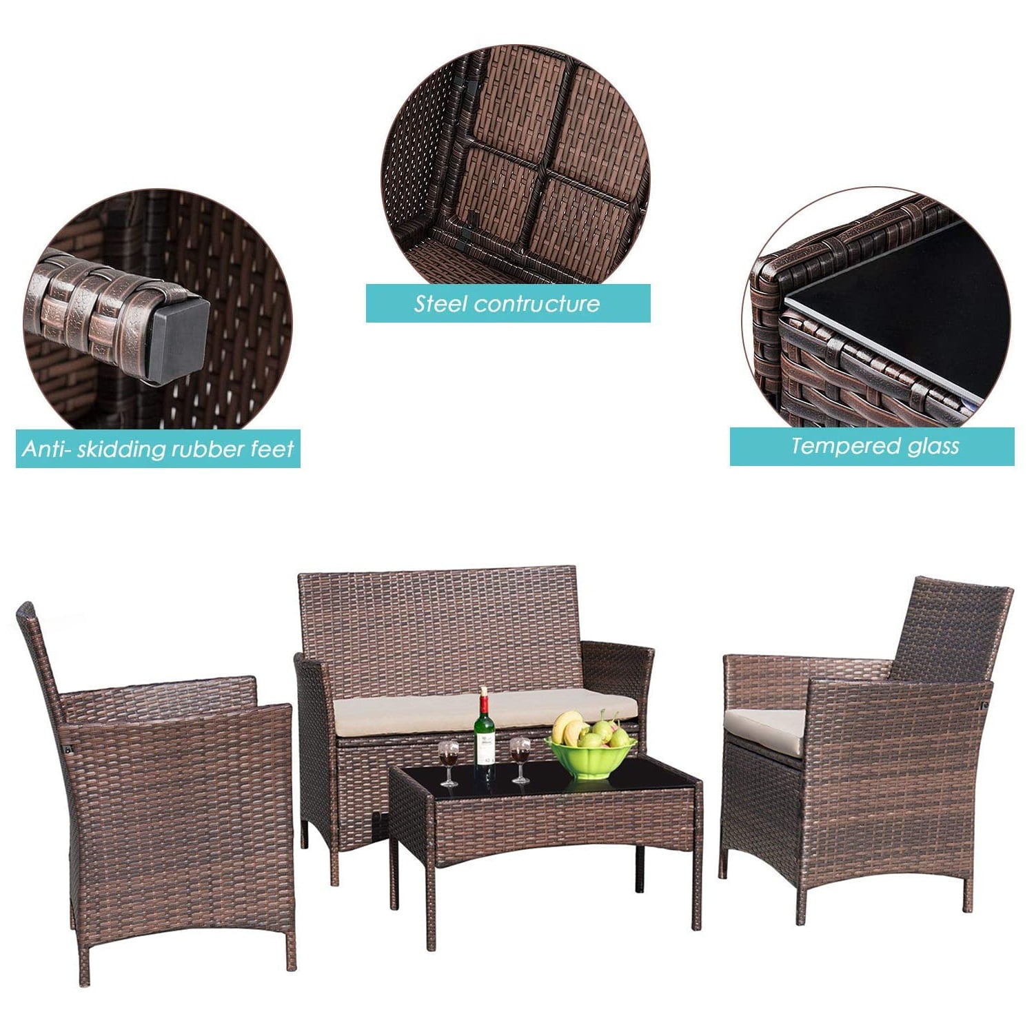 homall-patio-rattan-lounge-set-beige-4-teilig-mit-kissen image 2