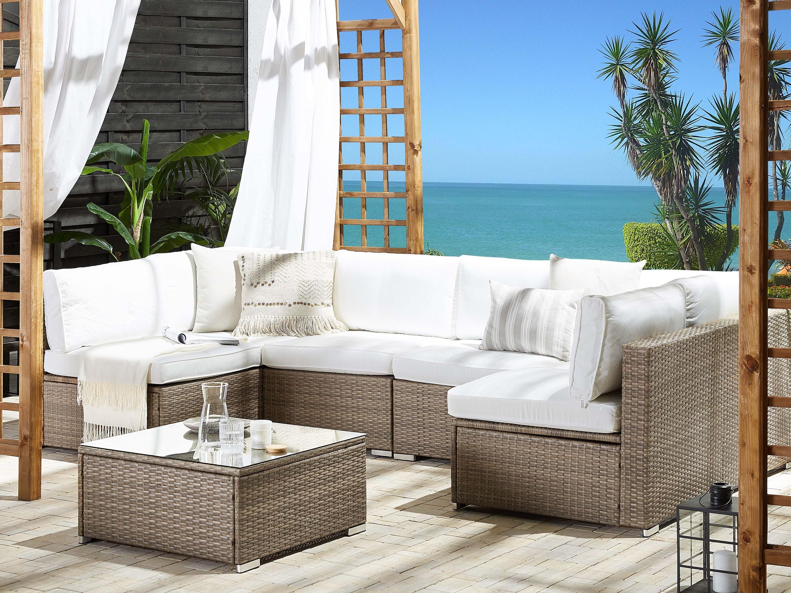 beliani-belvedere-lounge-set-rattan-6-sitzer-u-form-braun-wei image 2