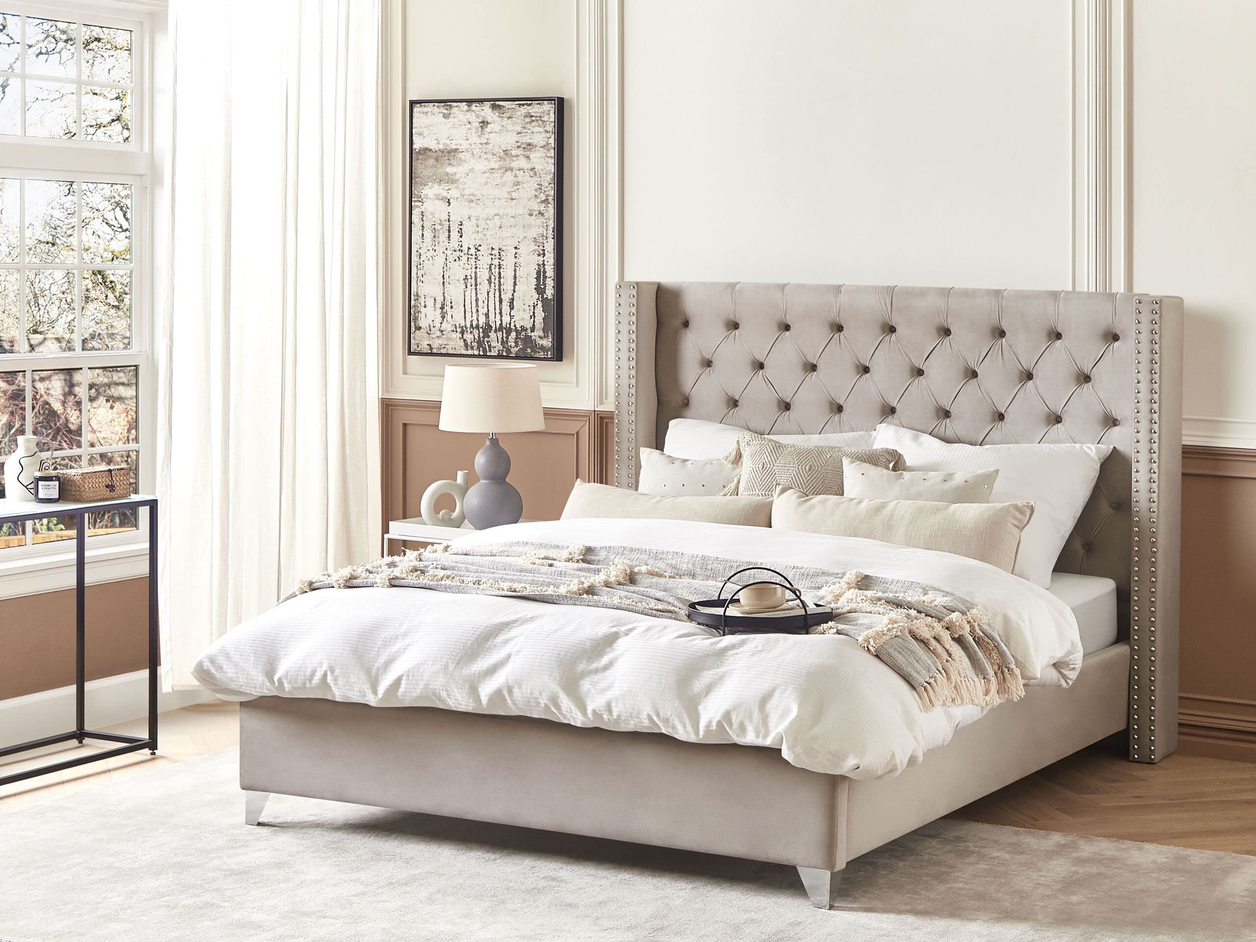 beliani-lubbon-samtbett-180x200-hellgrau-chesterfield image 2