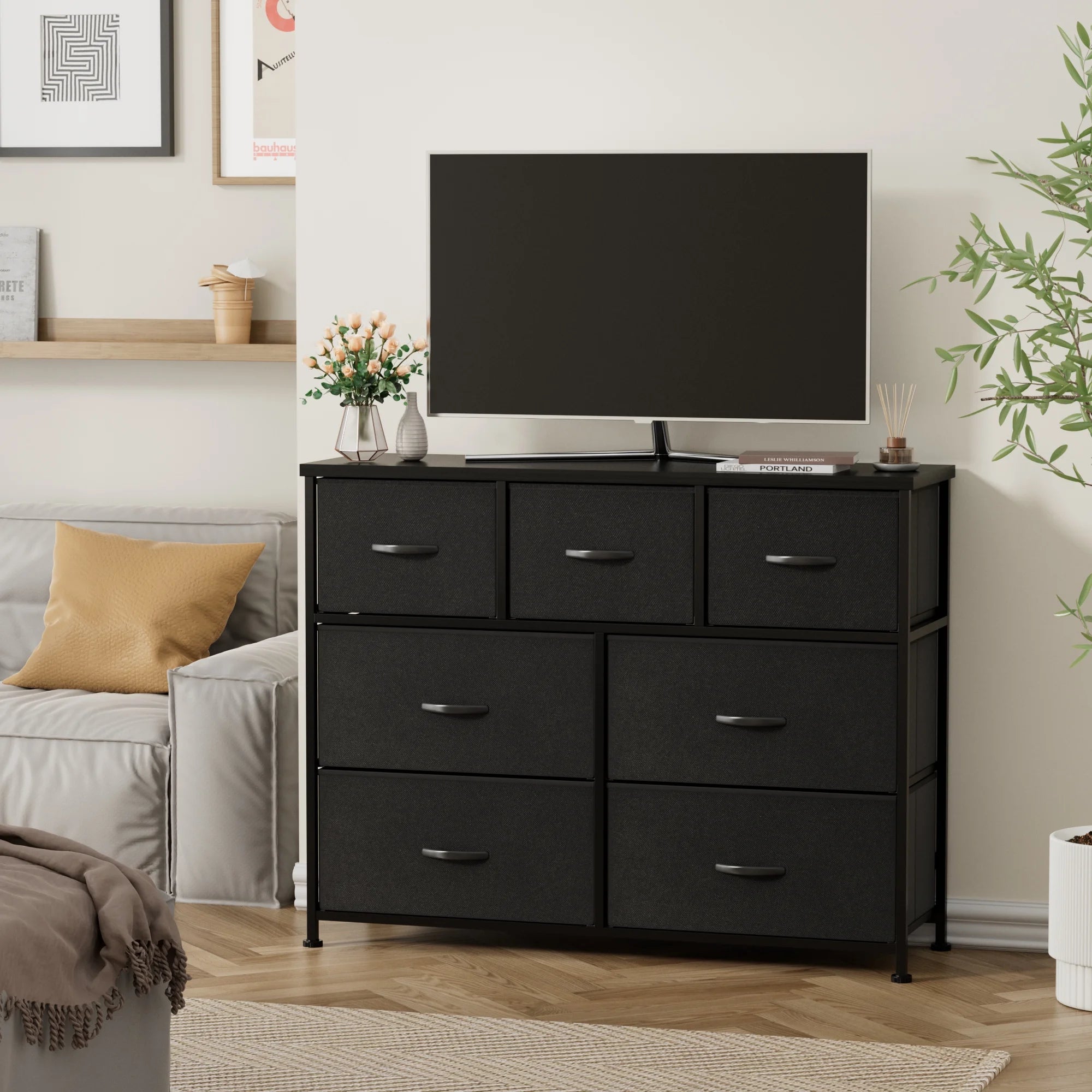 homall-bedroom-kommode-7-schubladen-stoffkommode-schwarz image 1