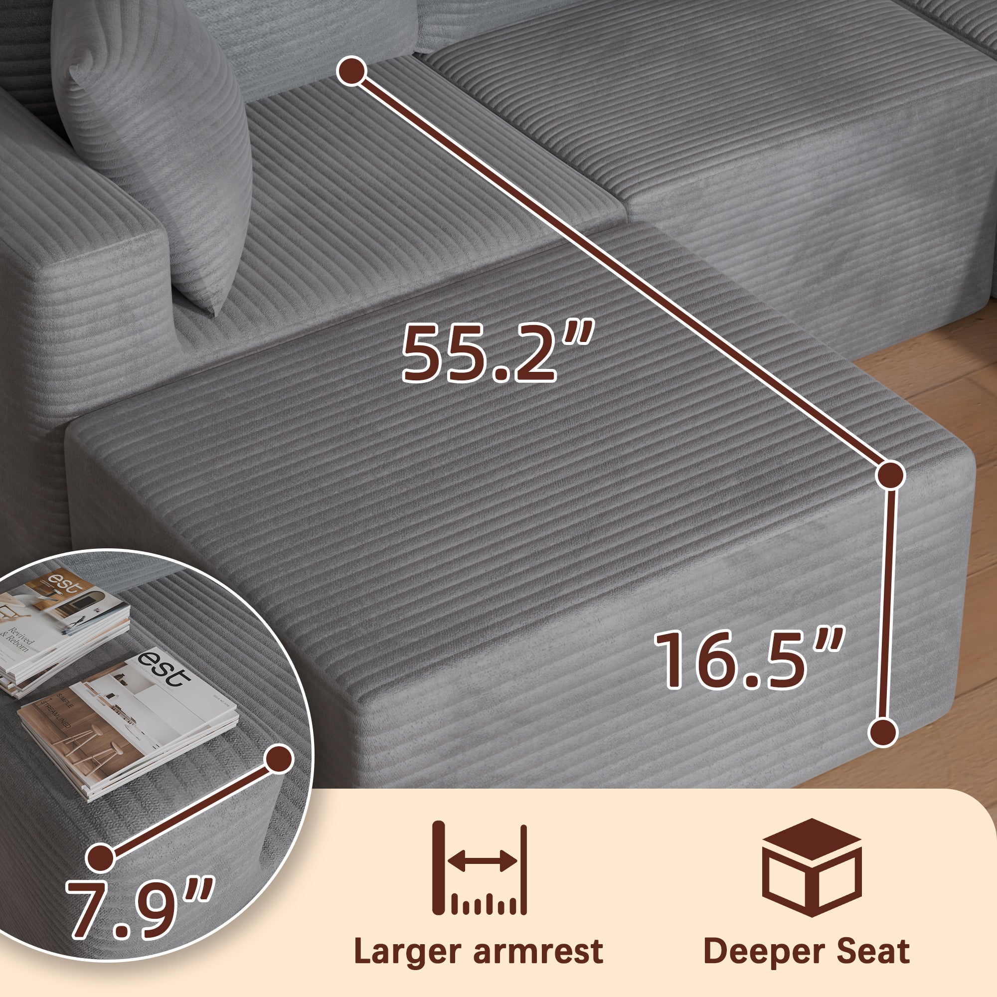 homall-sofa-ecksofa-cord-beige-modular-tiefer-sitz image 8