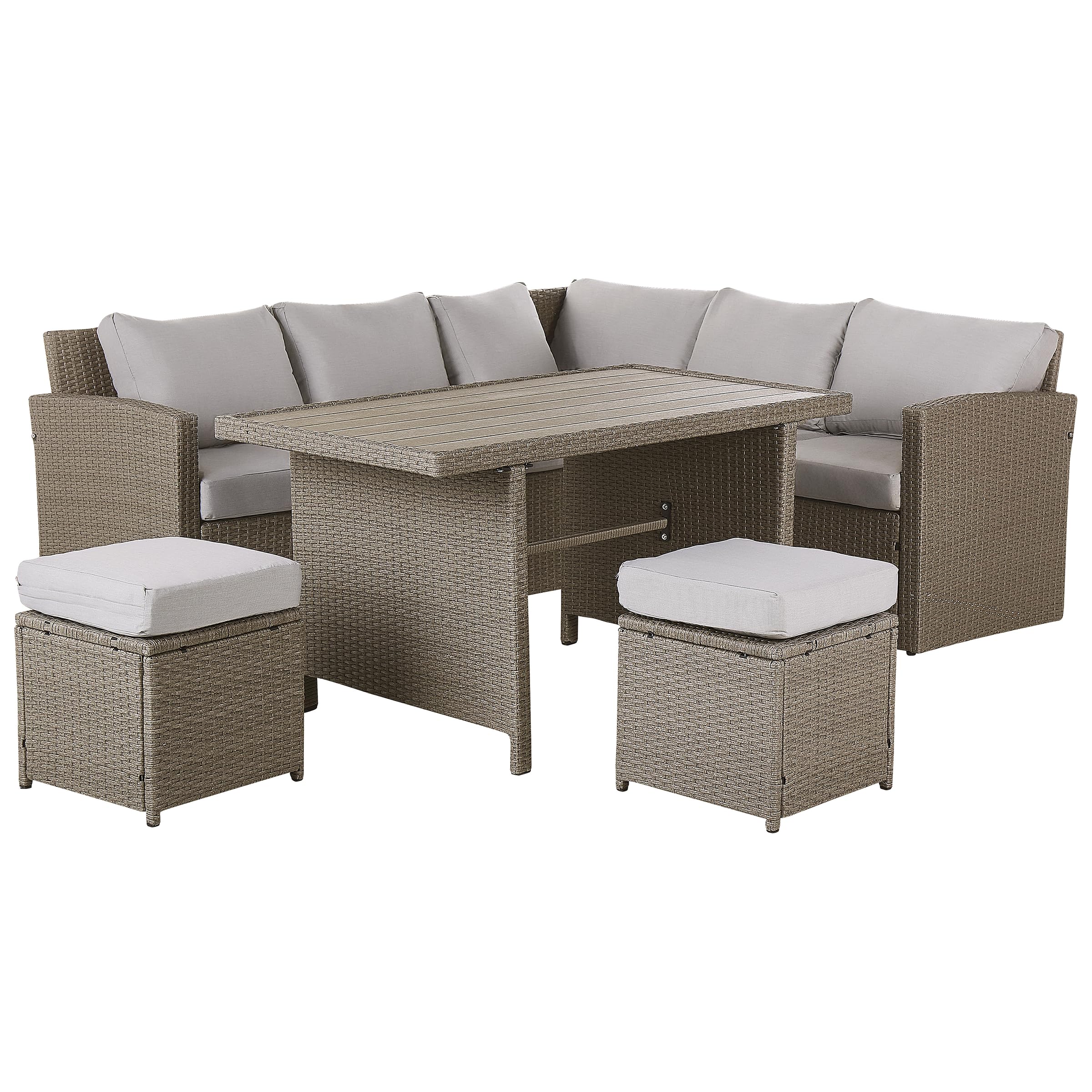 beliani-bardi-lounge-set-5-sitzer-taupe-polyrattan-graue-kissen image 5