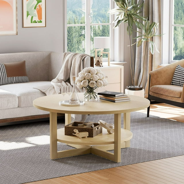 homall-couchtisch-rund-holz-braun-90cm-mit-ablage image 2