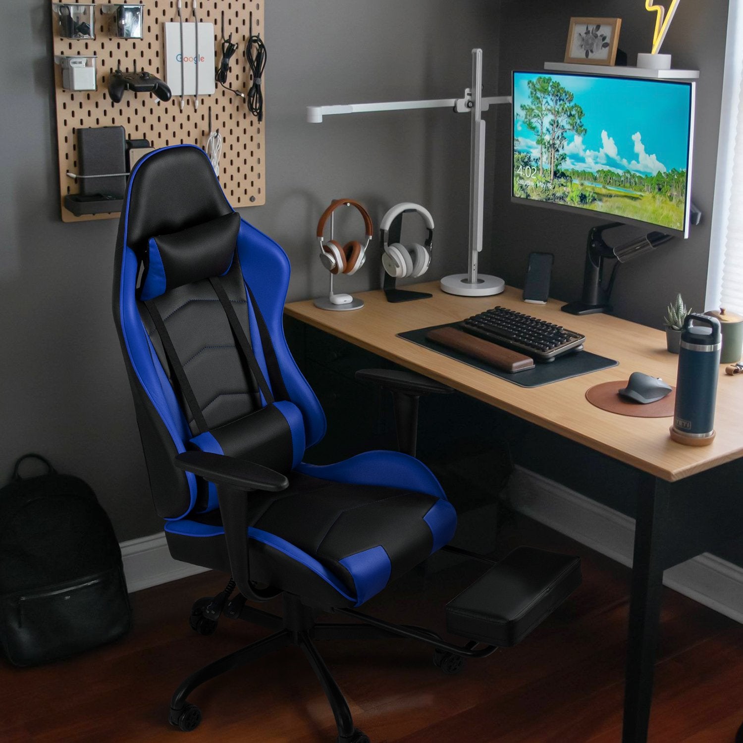 homall-gaming-desk-gamer-stuhl-blau-mit-fu-st-tze-pu-leder image 2