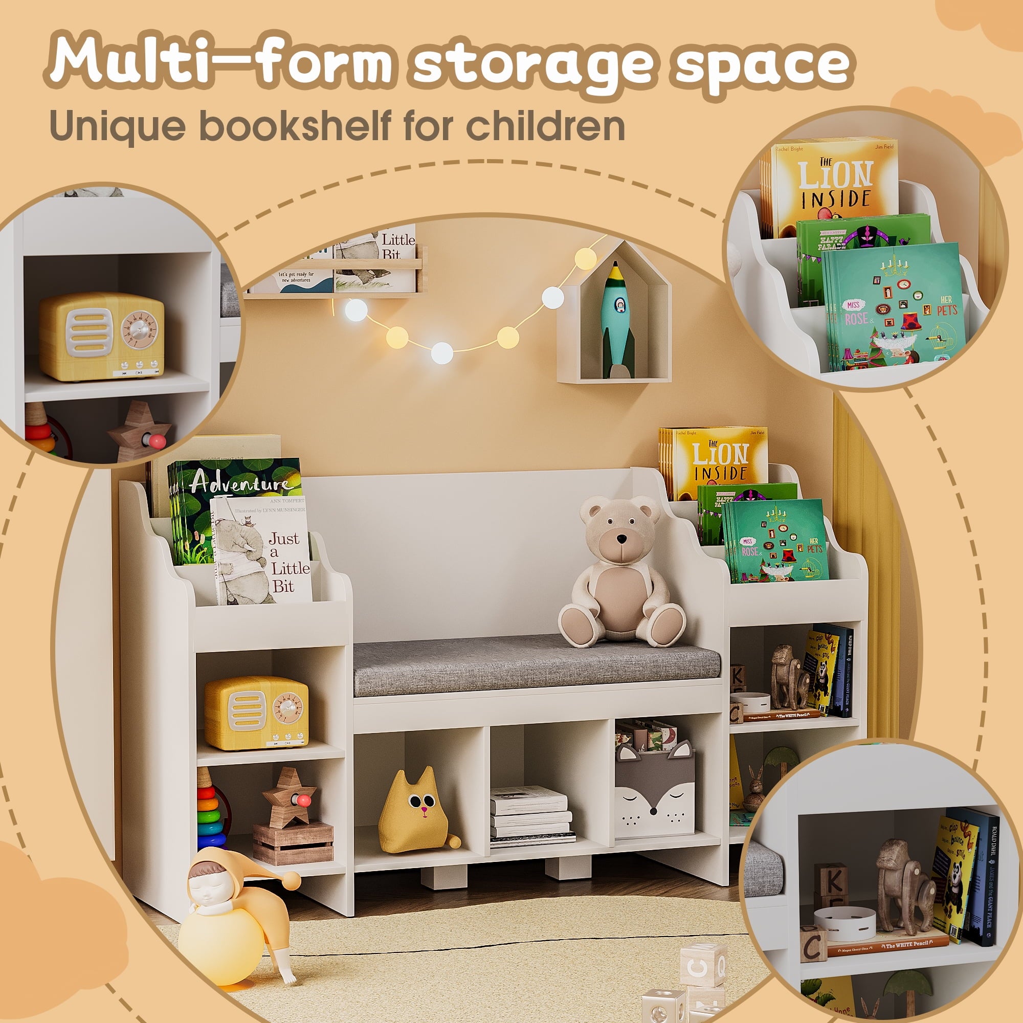 homall-kinder-b-cherregal-holz-mit-sitzecke-2-sitze-aufbewahrung image 4