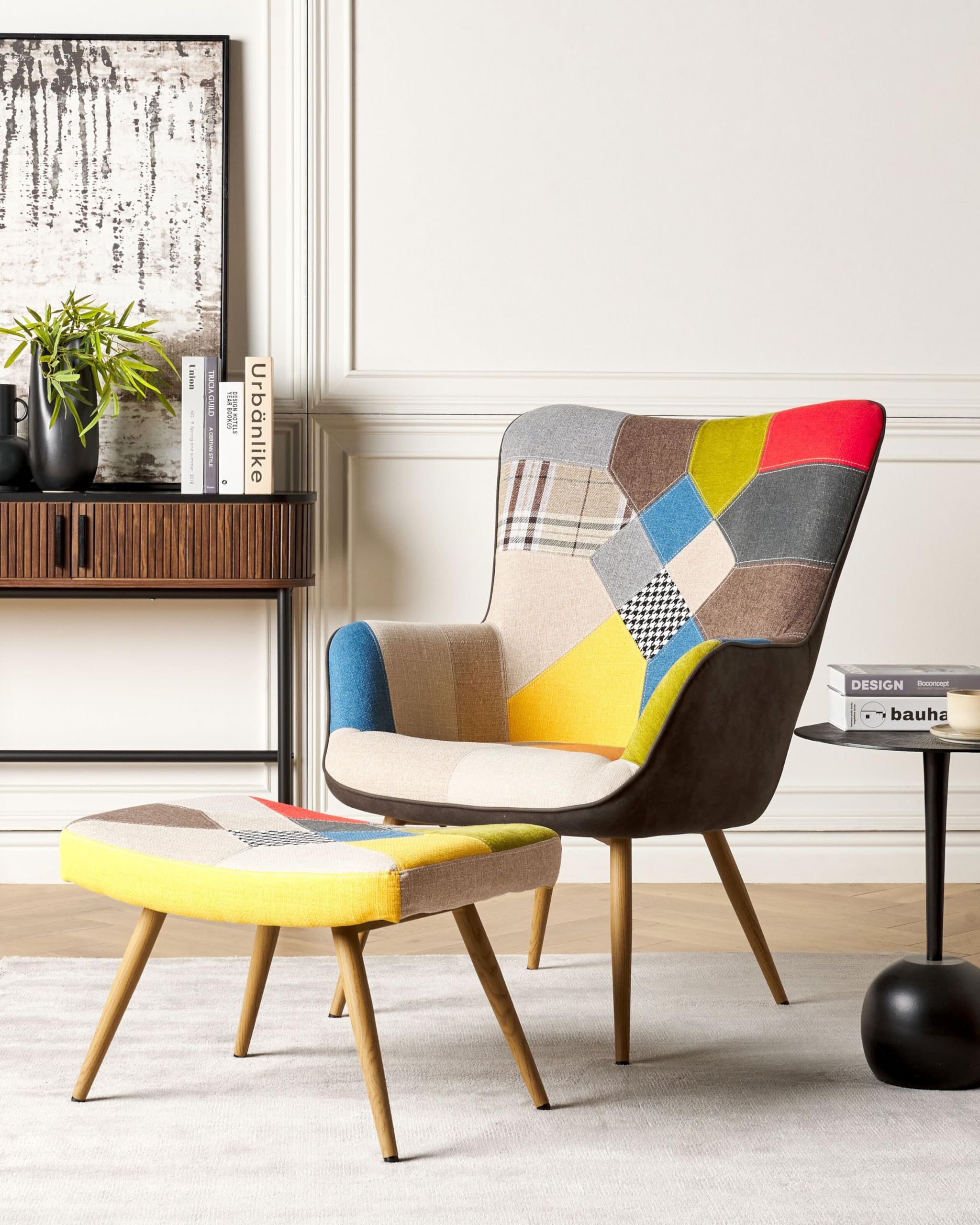 beliani-vejle-ii-ohrensessel-mit-hocker-patchwork-bunt image 2
