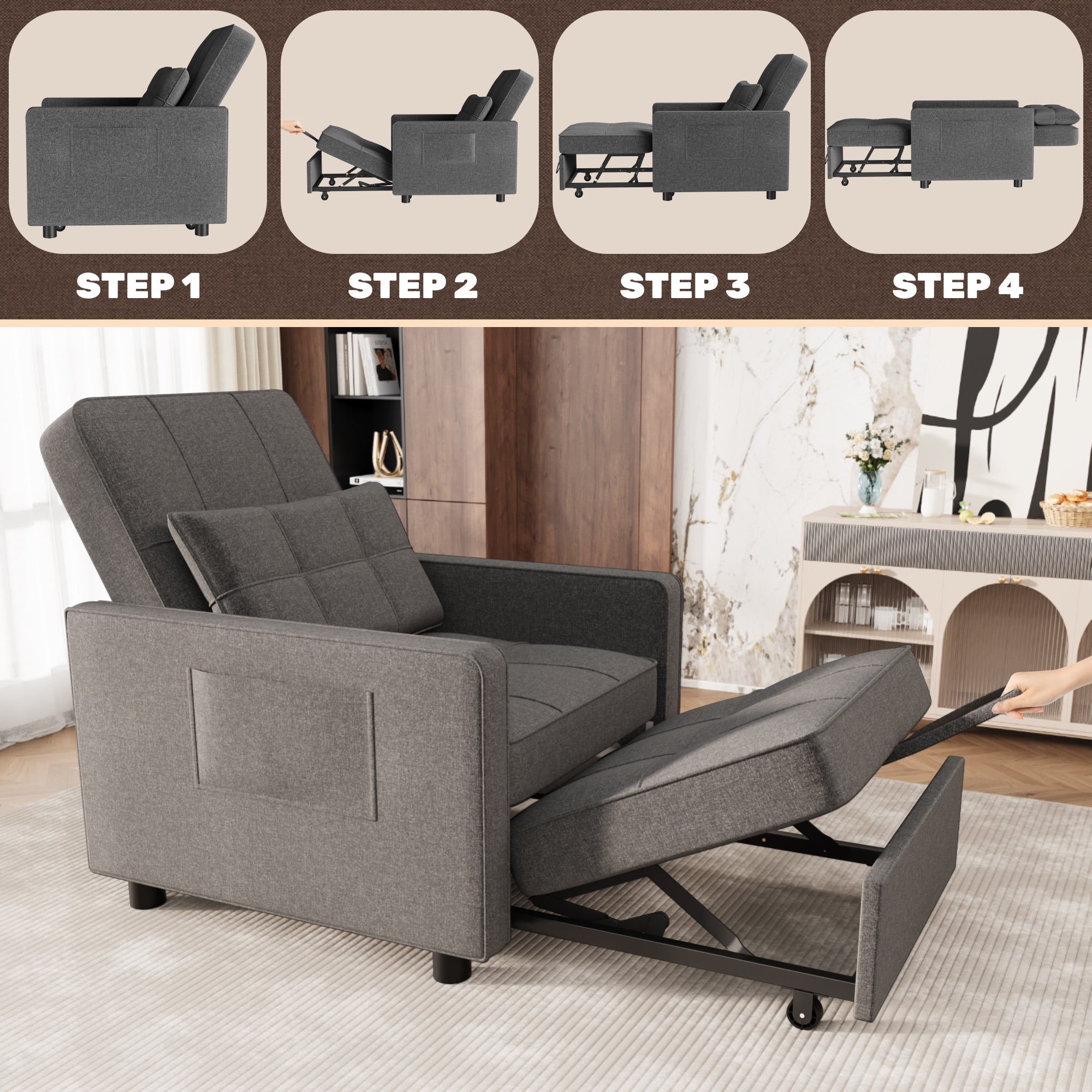 homall-schlafsessel-sesselbett-beige-3in1-verstellbar image 3