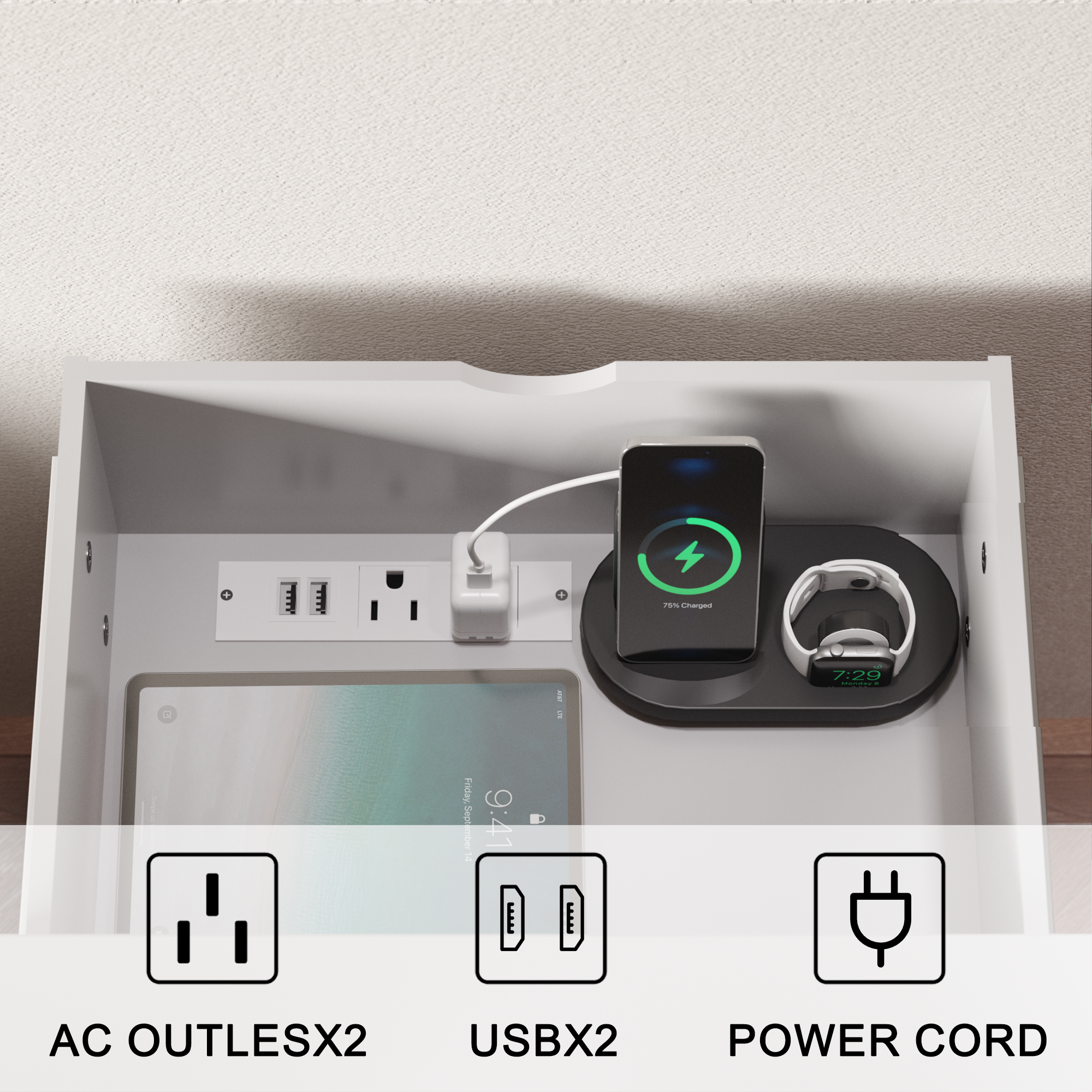 homall-bedroom-nachttisch-2-schubladen-led-schwarz-mit-usb image 2