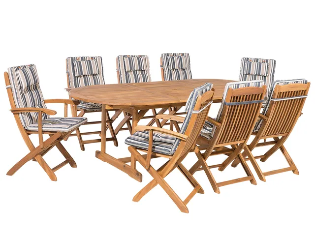 beliani-maui-set-ausziehtisch-220-cm-akazie-auflagen-blau-beige image 1