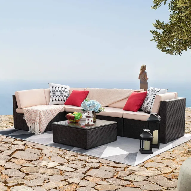 homall-patio-furniture-lounge-set-6-tlg-rattan-sofa-beige image 1