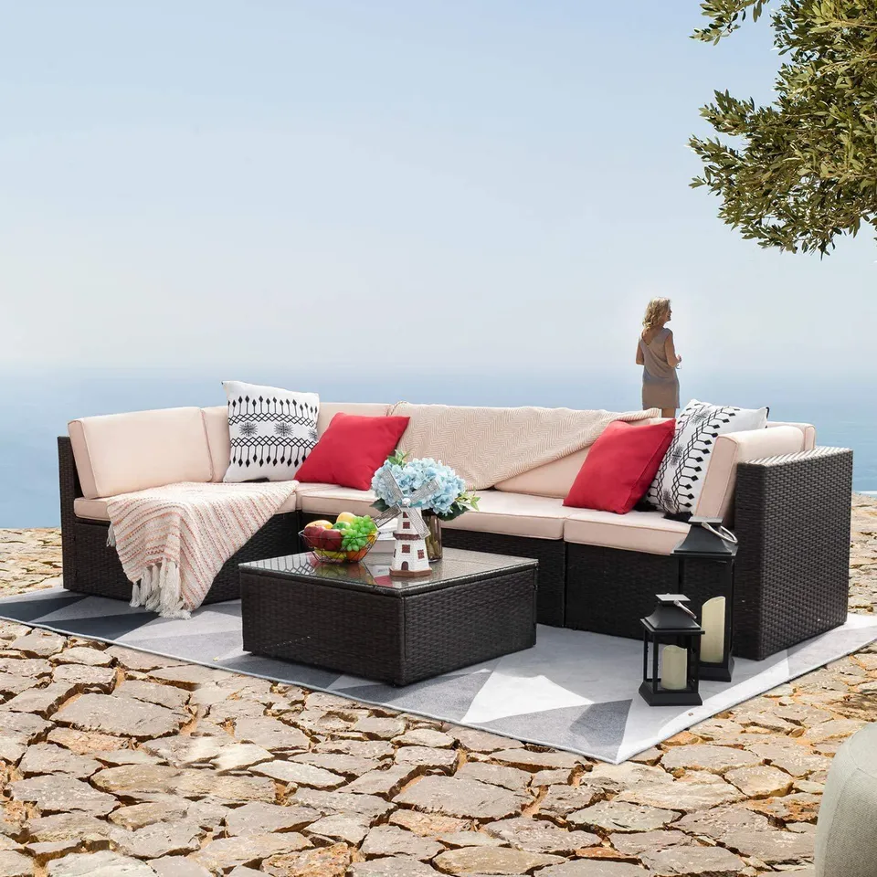 homall-patio-furniture-lounge-set-6-tlg-rattan-sofa-beige image 1