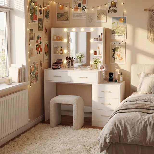 homall-bedroom-schminktisch-wei-mit-led-spiegel-5-schubladen image 1