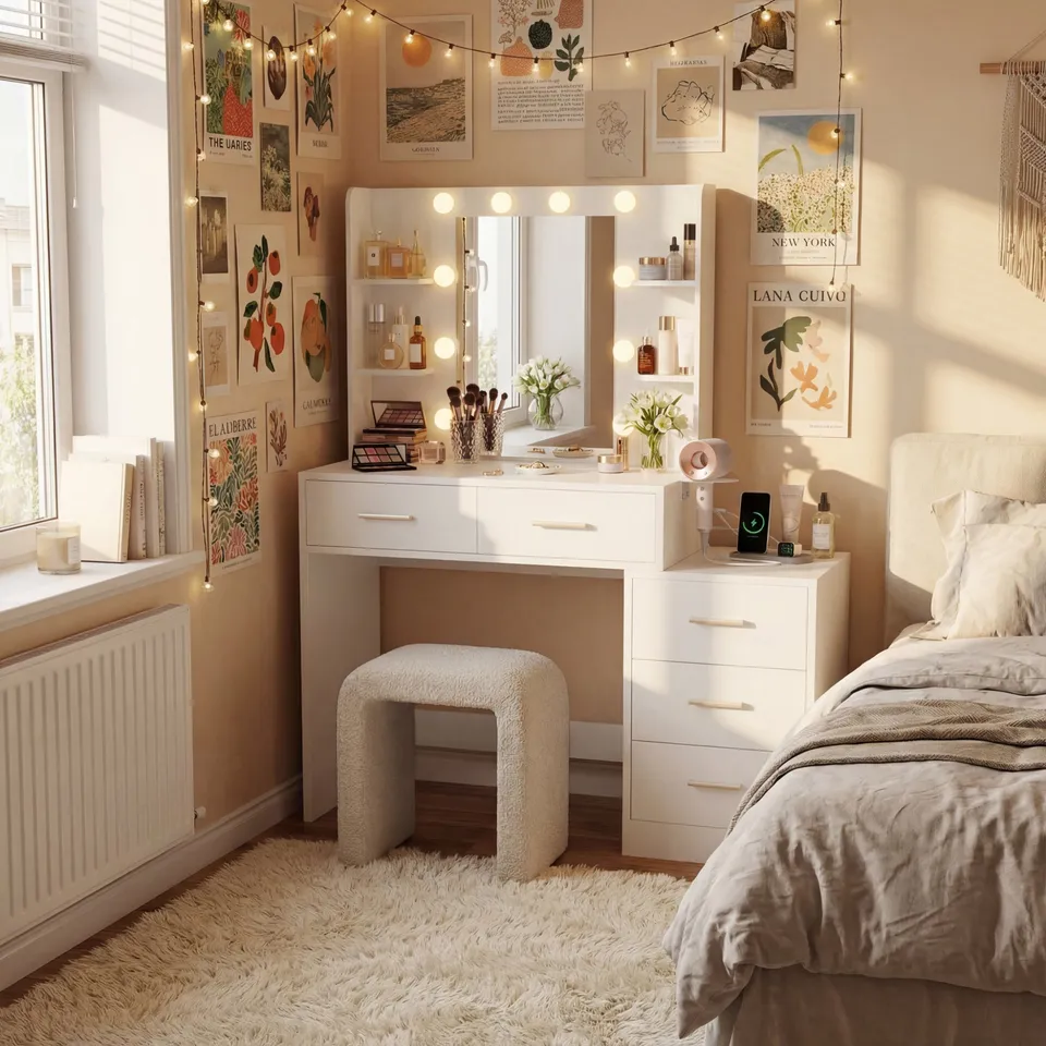 homall-bedroom-schminktisch-wei-mit-led-spiegel-5-schubladen image 1