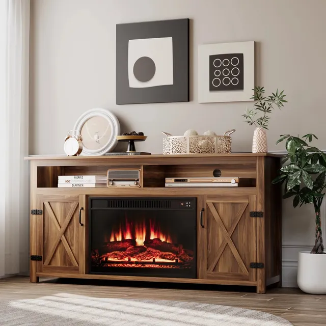 homall-tv-stand-65-zoll-kamin-lowboard-dunkelbraun-holz image 1