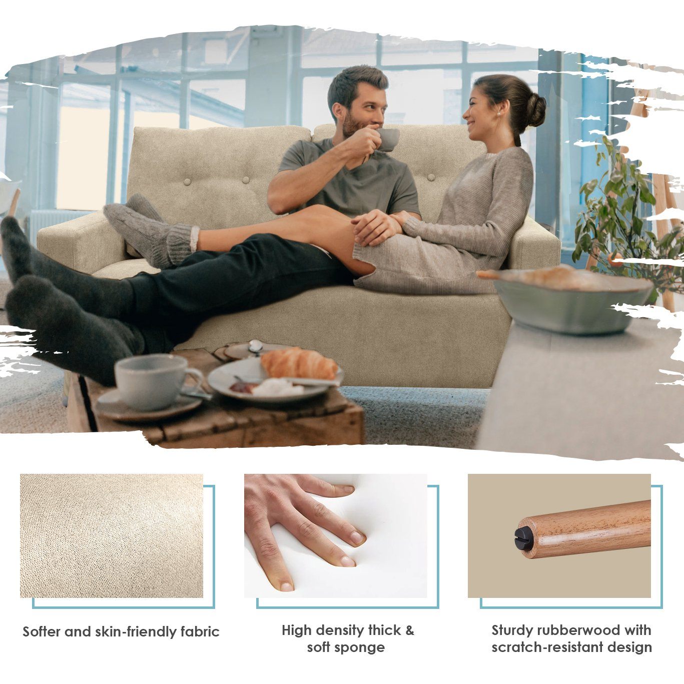 homall-sofa-zweisitzer-stoffsofa-beige-mit-holzbeinen image 2