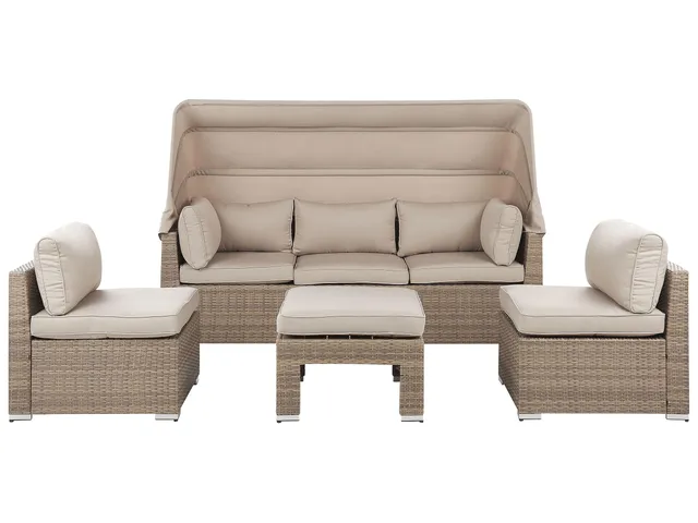 beliani-coccolia-loungeset-polyrattan-beige-5-teilig-mit-dach image 1