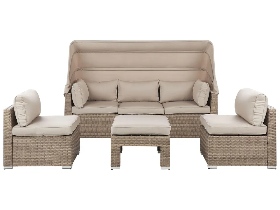 beliani-coccolia-loungeset-polyrattan-beige-5-teilig-mit-dach image 1