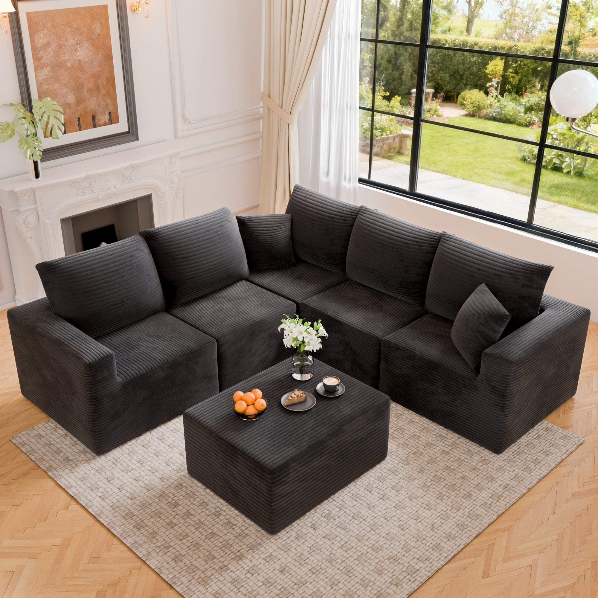 homall-sofa-ecksofa-cord-beige-modular-tiefer-sitz image 1